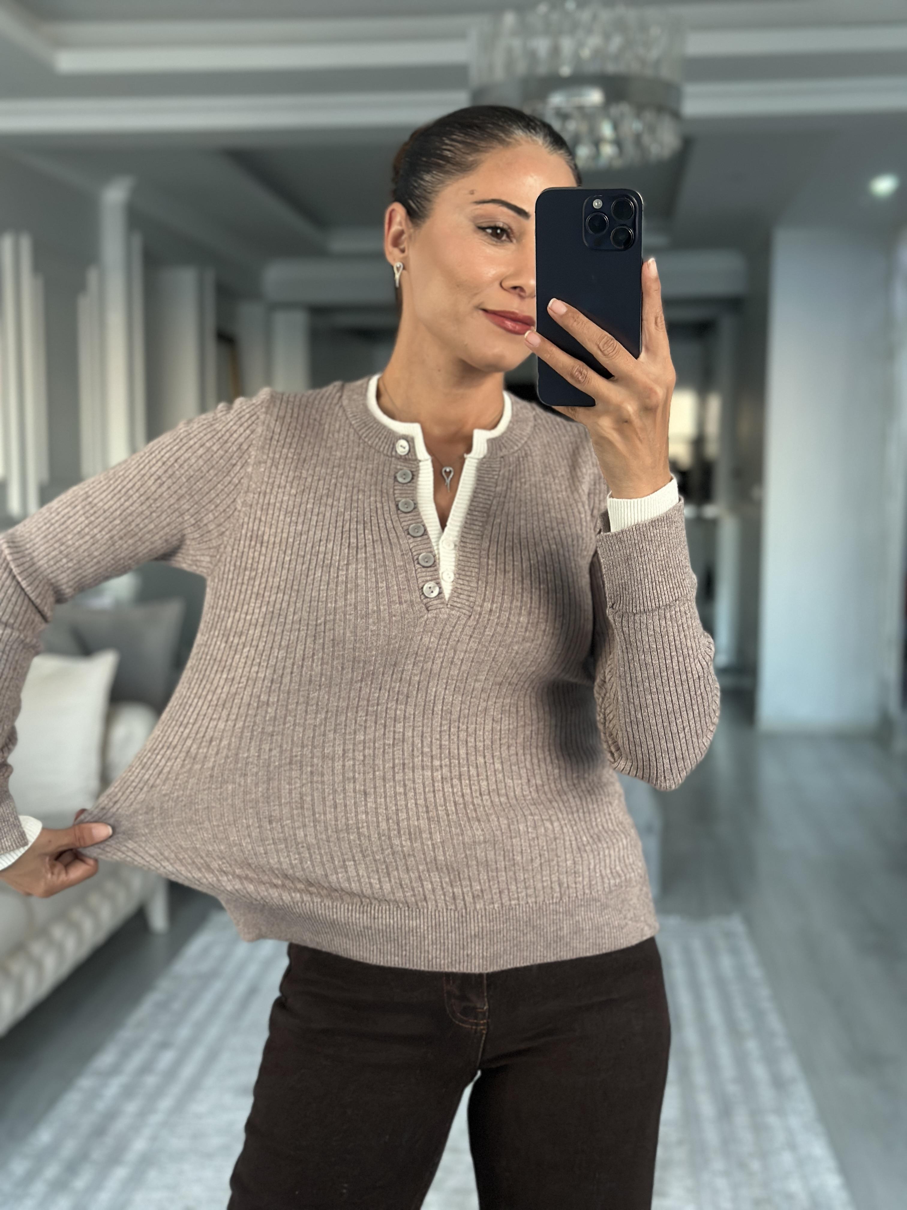 Vizon Çift Renk Ribanalı Fitilli Triko Kadın Bluz