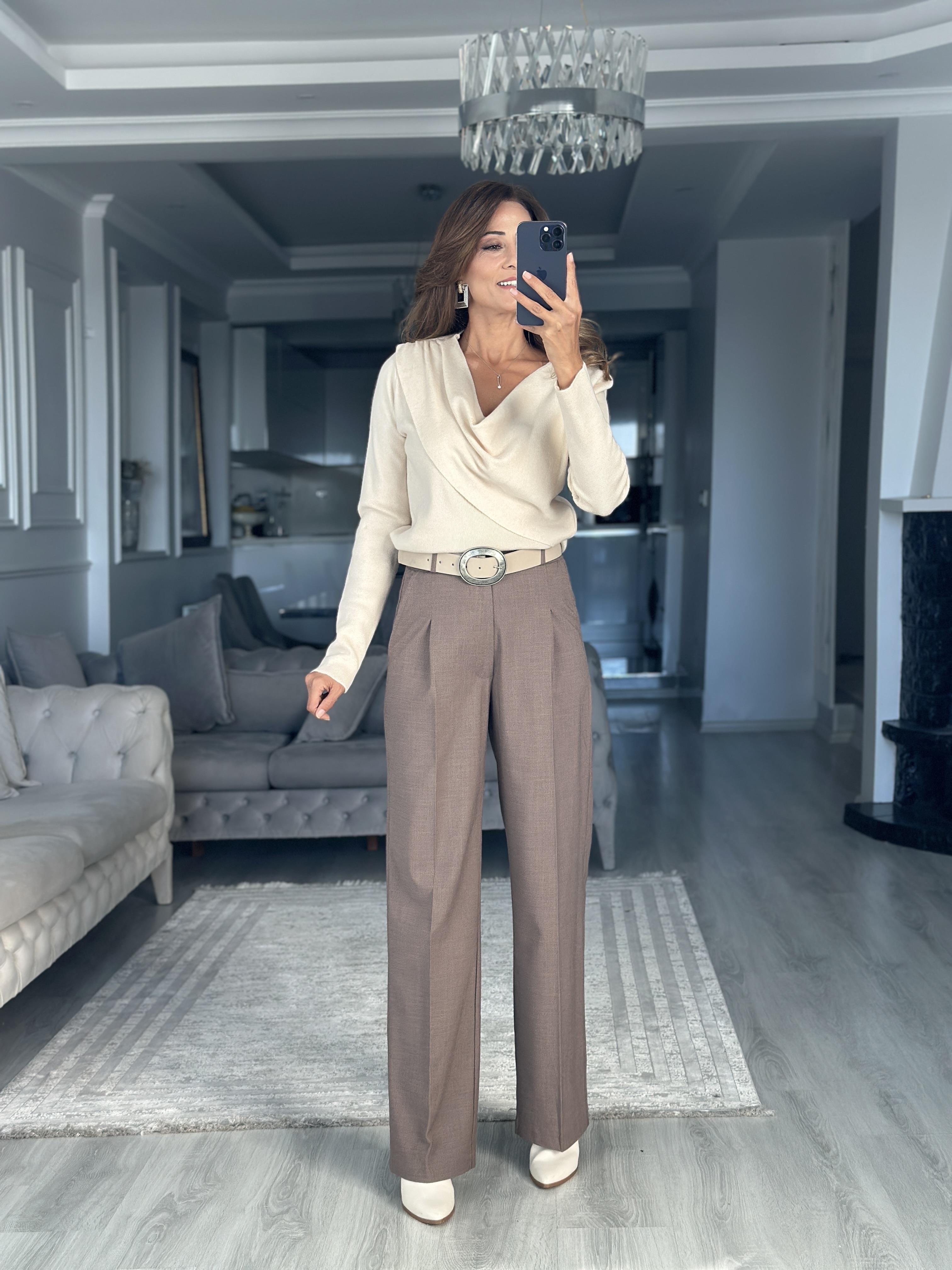 Vizon Karol Kancalı Bol Paça Kadın Kumaş Pantolon