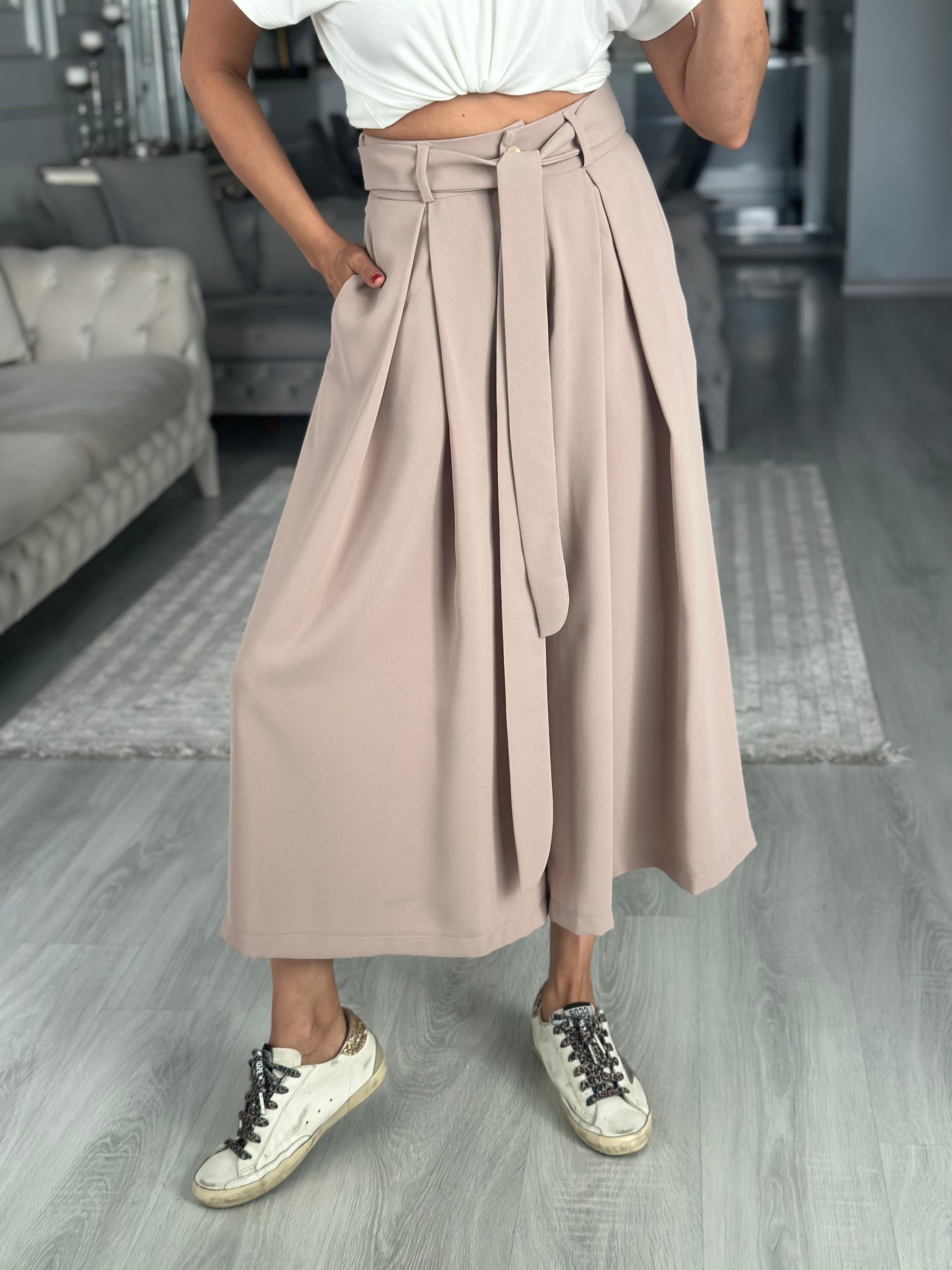 Vizon Krep Kumaş Arka Beli Lastikli Kadın Etek Pantolon