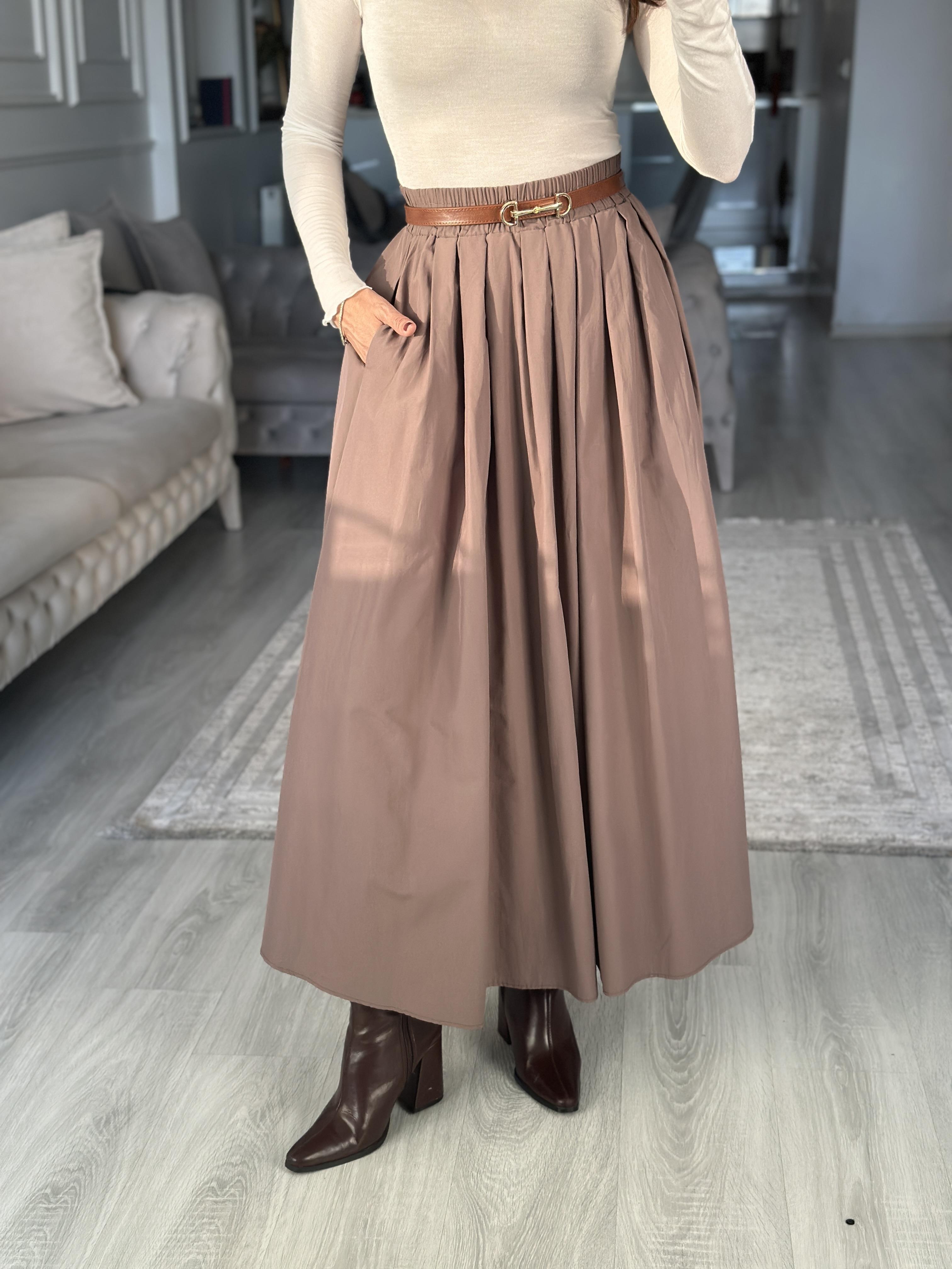 Vizon Poplin Kumaş Cepli Midi Boy Kadın Etek