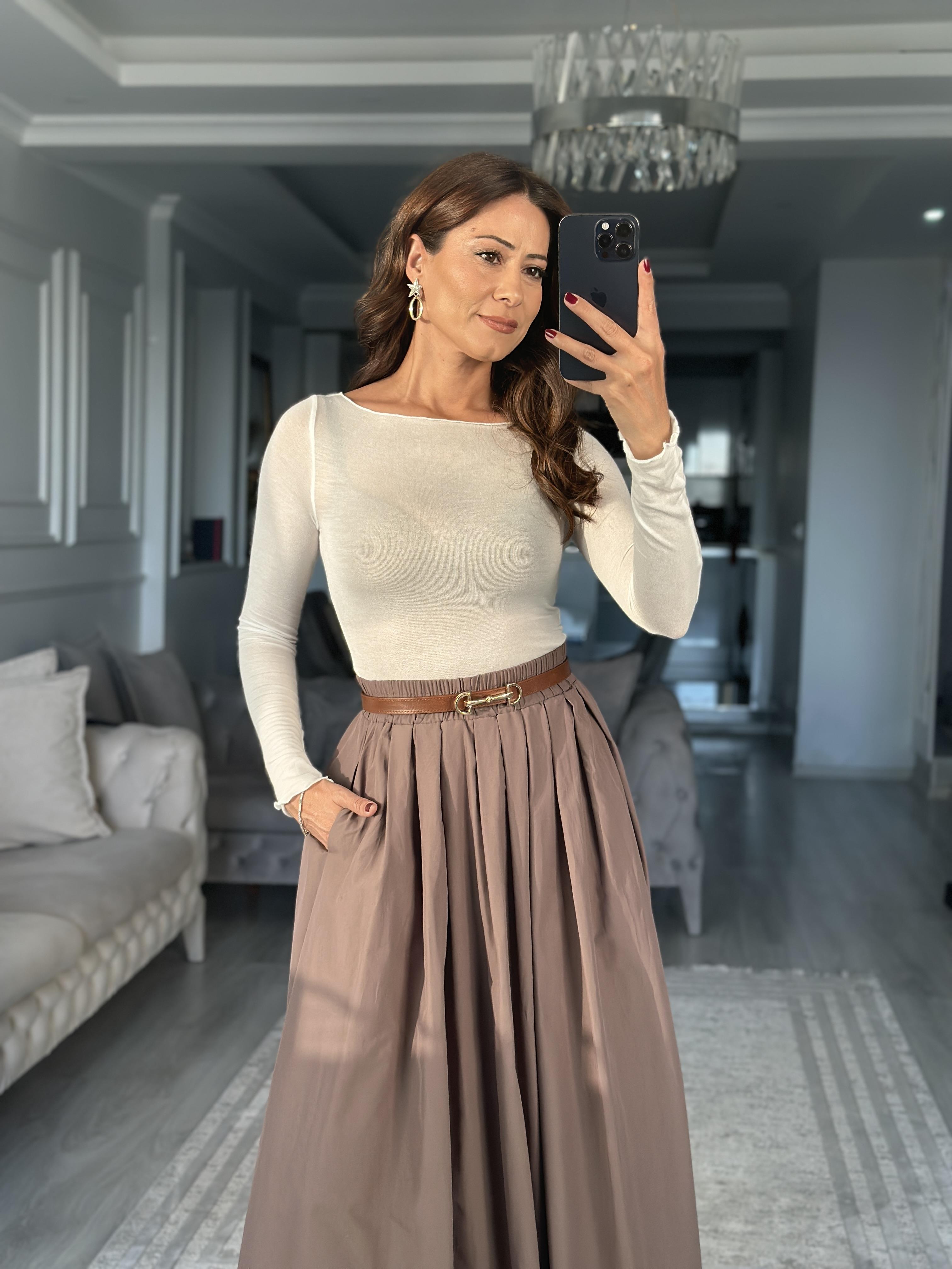 Vizon Poplin Kumaş Cepli Midi Boy Kadın Etek