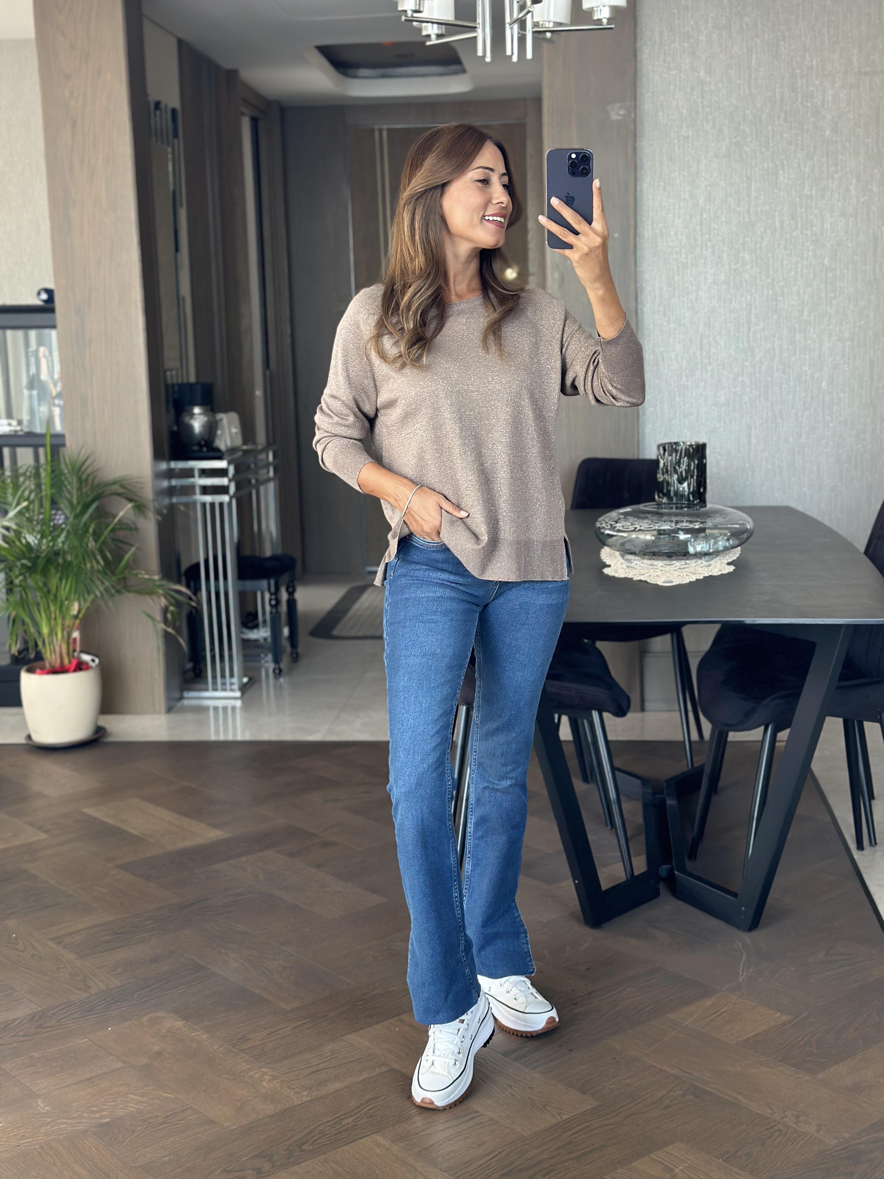 Vizon Simli Bisiklet Yaka Uzun Kol Dilvn Merserize Kadın Bluz