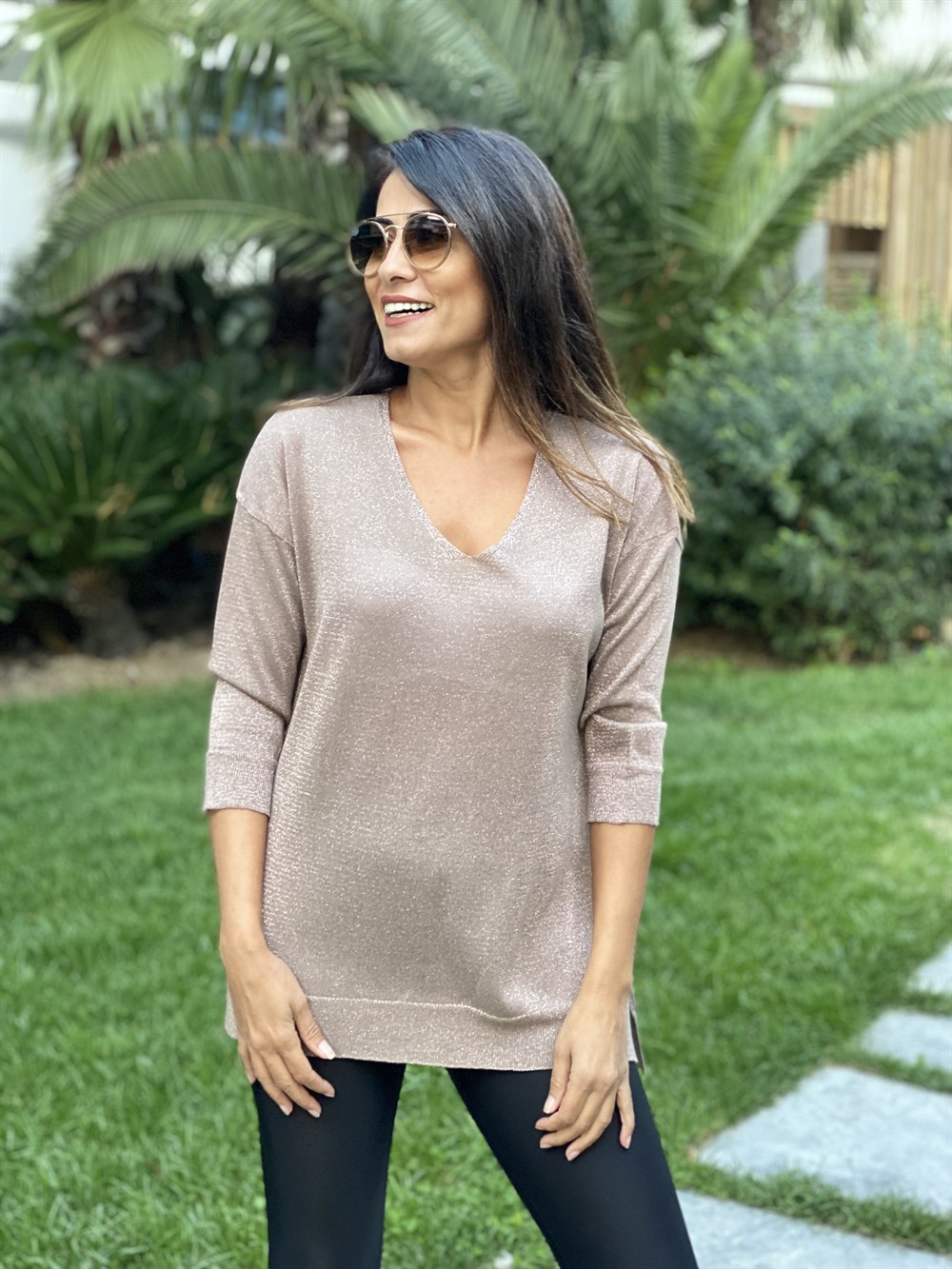 Vizon Simli V Yaka Merserize Kadın Bluz