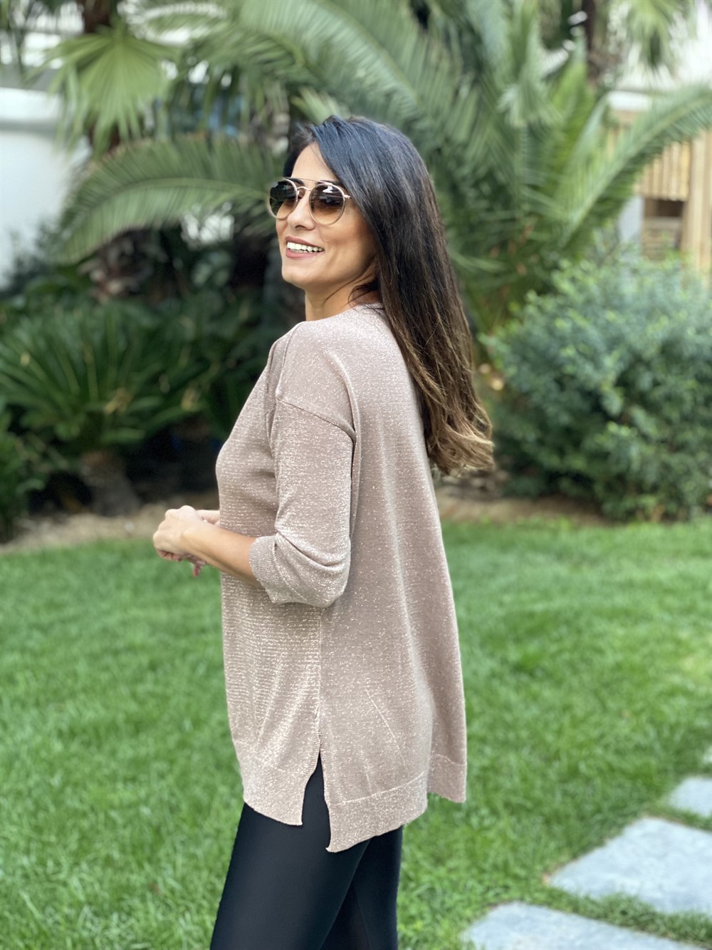 Vizon Simli V Yaka Merserize Kadın Bluz