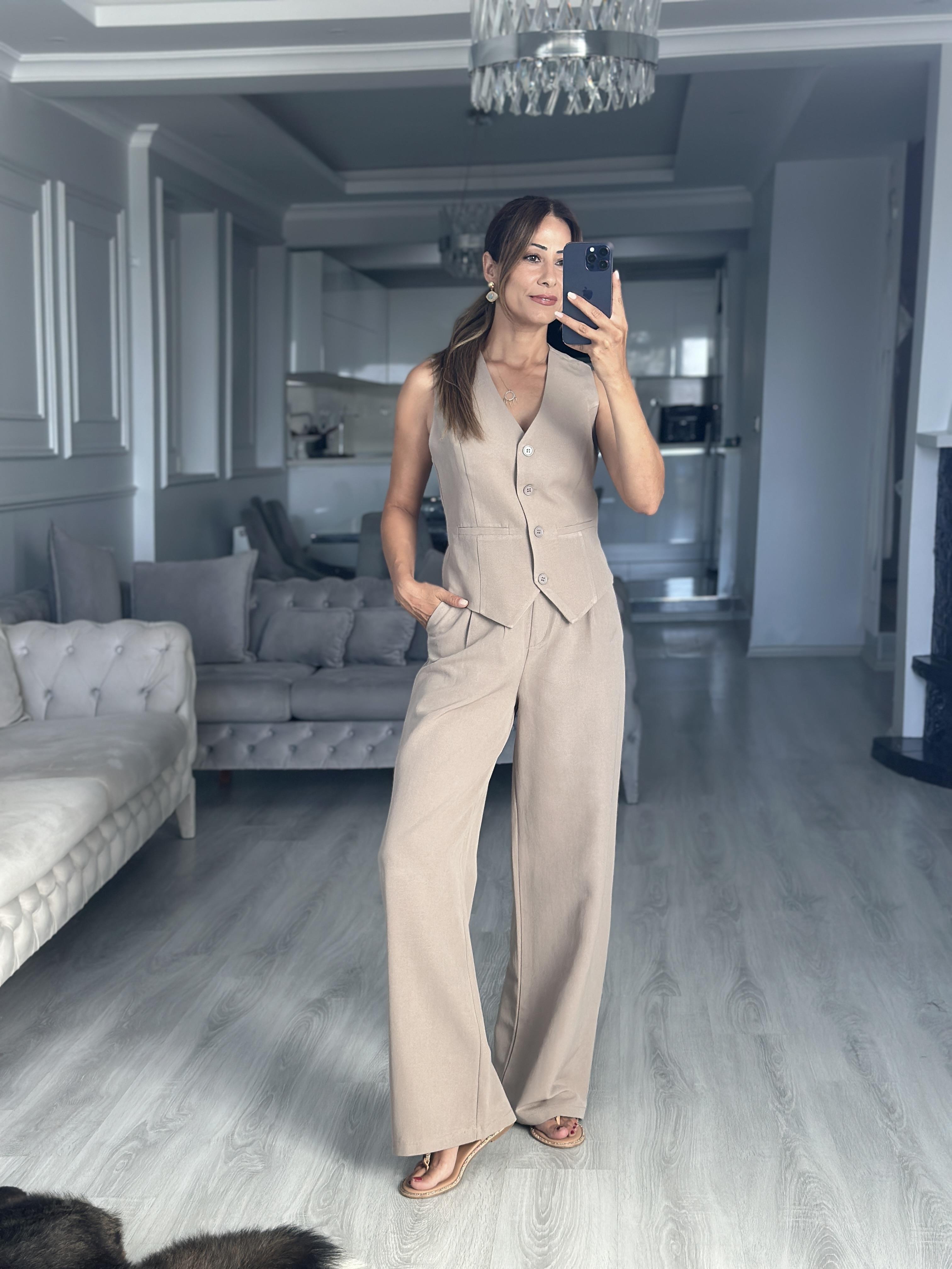 Vizon Terni Yelek Pantolon Kadın Keten Alt Üst Takım