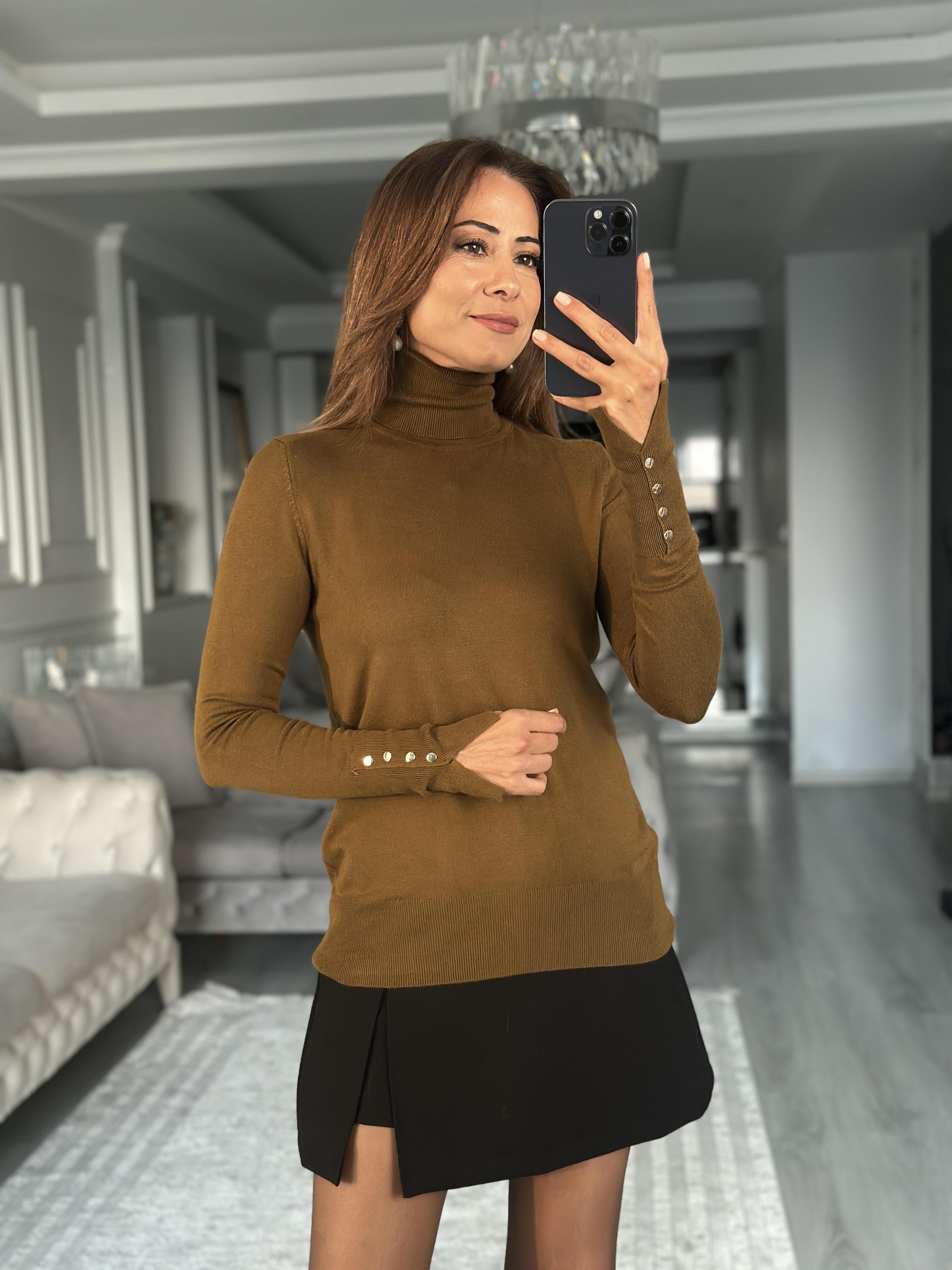 Yağ Yeşili Balıkçı Yaka Kolu Droplu Kadın Triko Kazak
