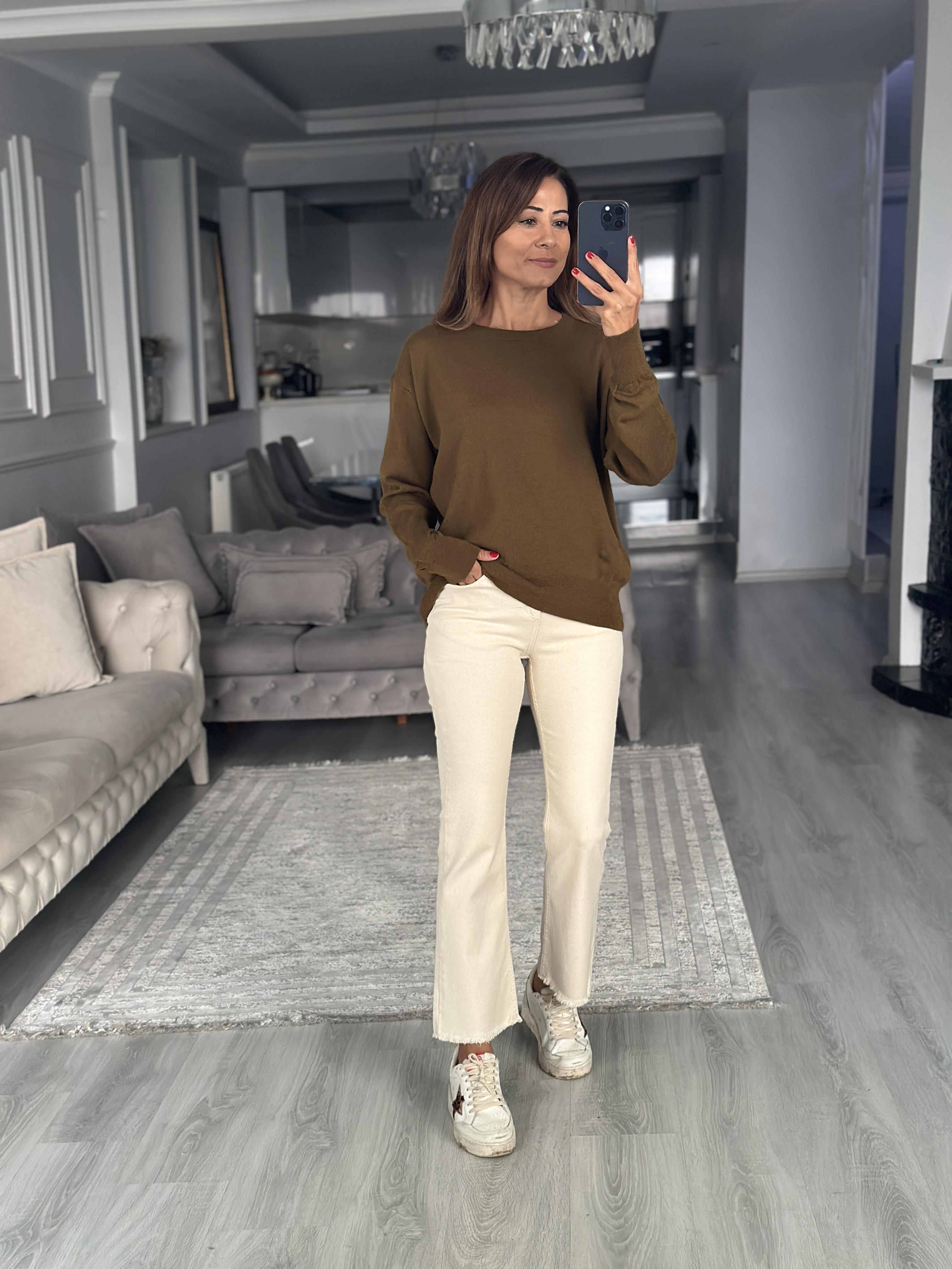 Yağ Yeşili Bisiklet Yaka Yünlü Basic Kadın Triko Kazak