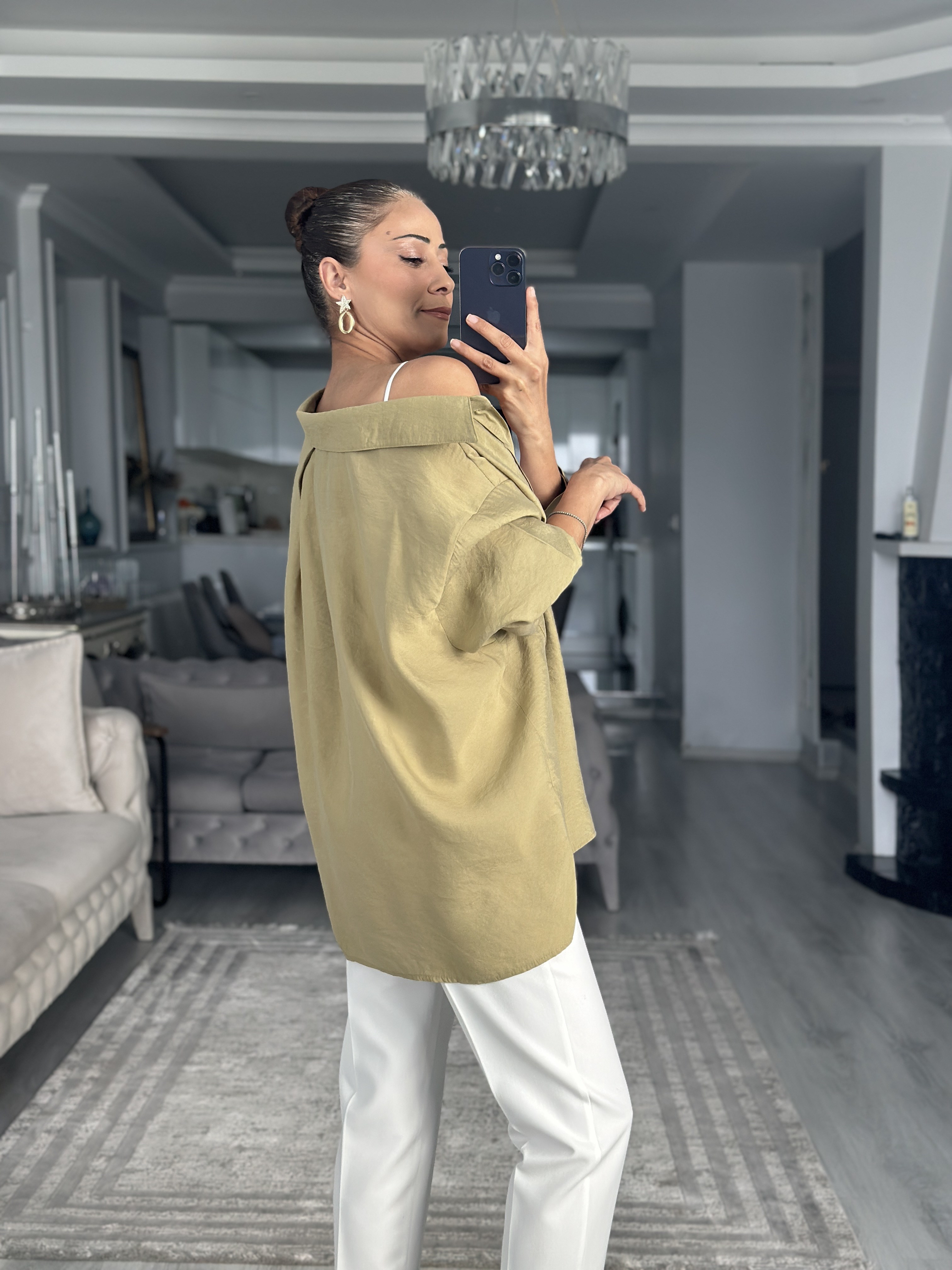 Yağ Yeşili Düşük Omuzlu Oversize Kadın Gömlek