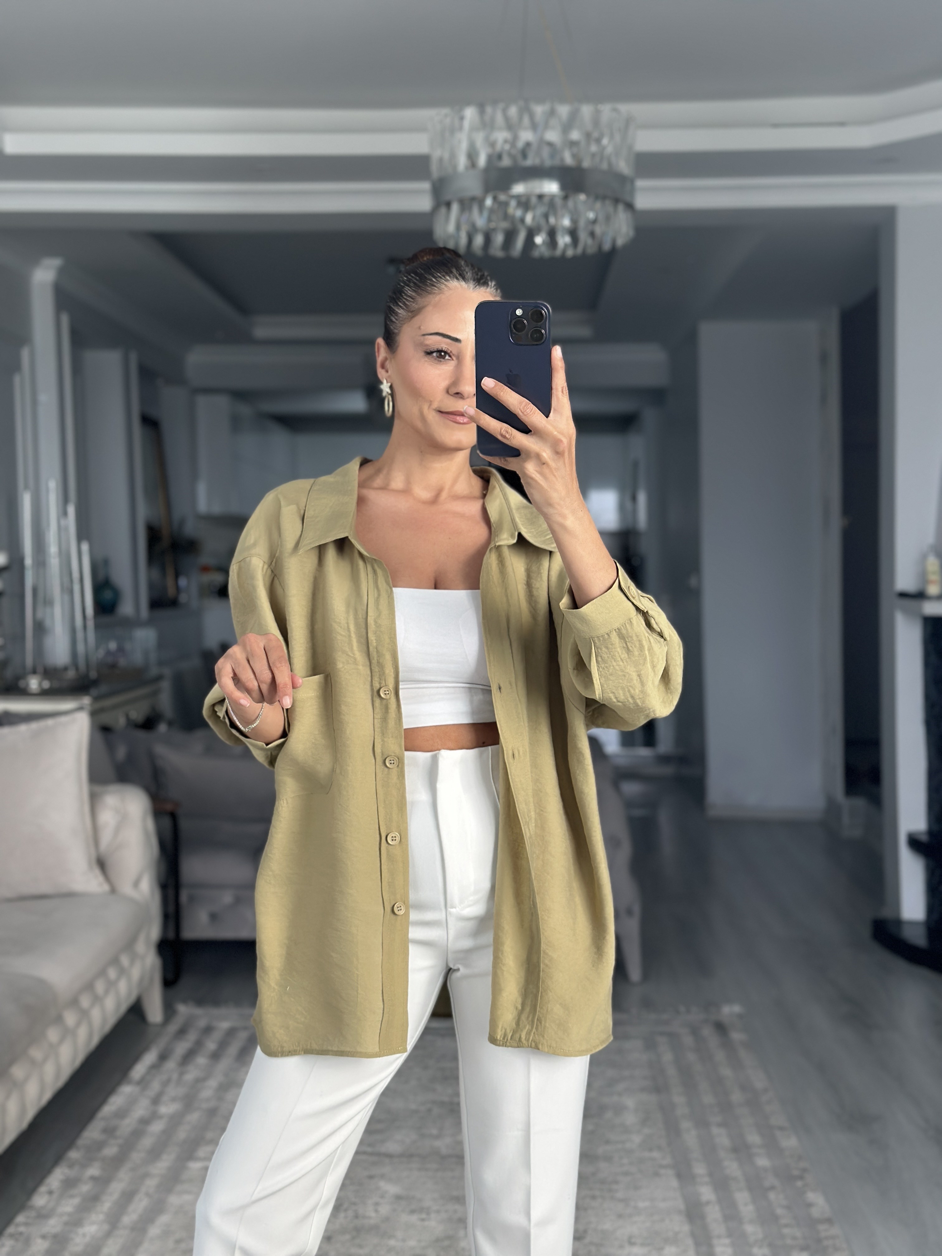 Yağ Yeşili Düşük Omuzlu Oversize Kadın Gömlek