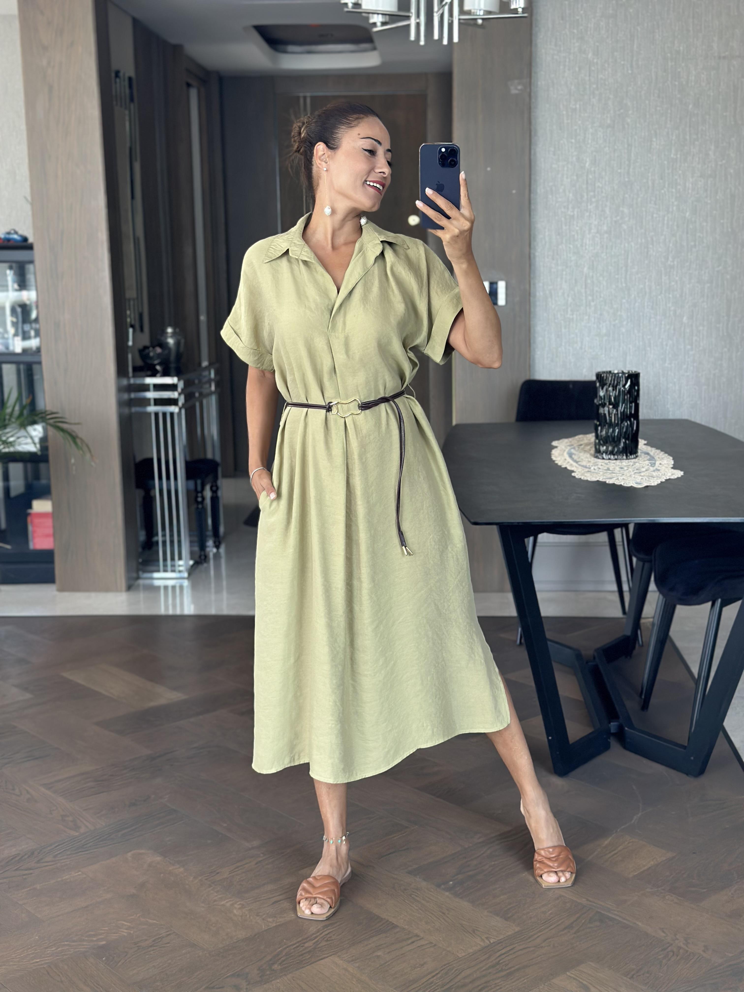 Yağ Yeşili Masimo Gömlek Yaka Çift Yırtmaçlı Midi Boy Tnsel Kadın Gömlek Elbise 