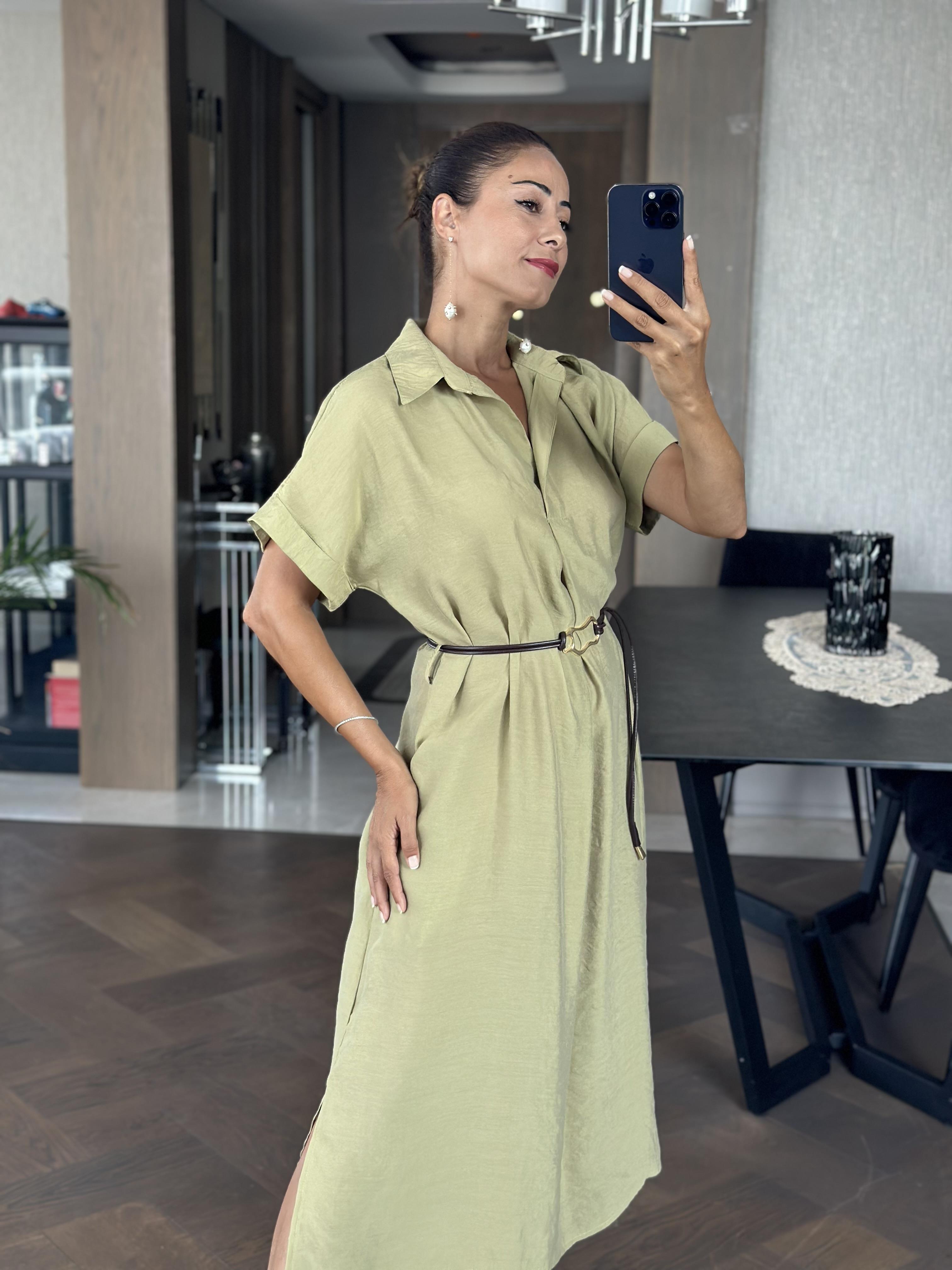 Yağ Yeşili Masimo Gömlek Yaka Çift Yırtmaçlı Midi Boy Tnsel Kadın Gömlek Elbise 