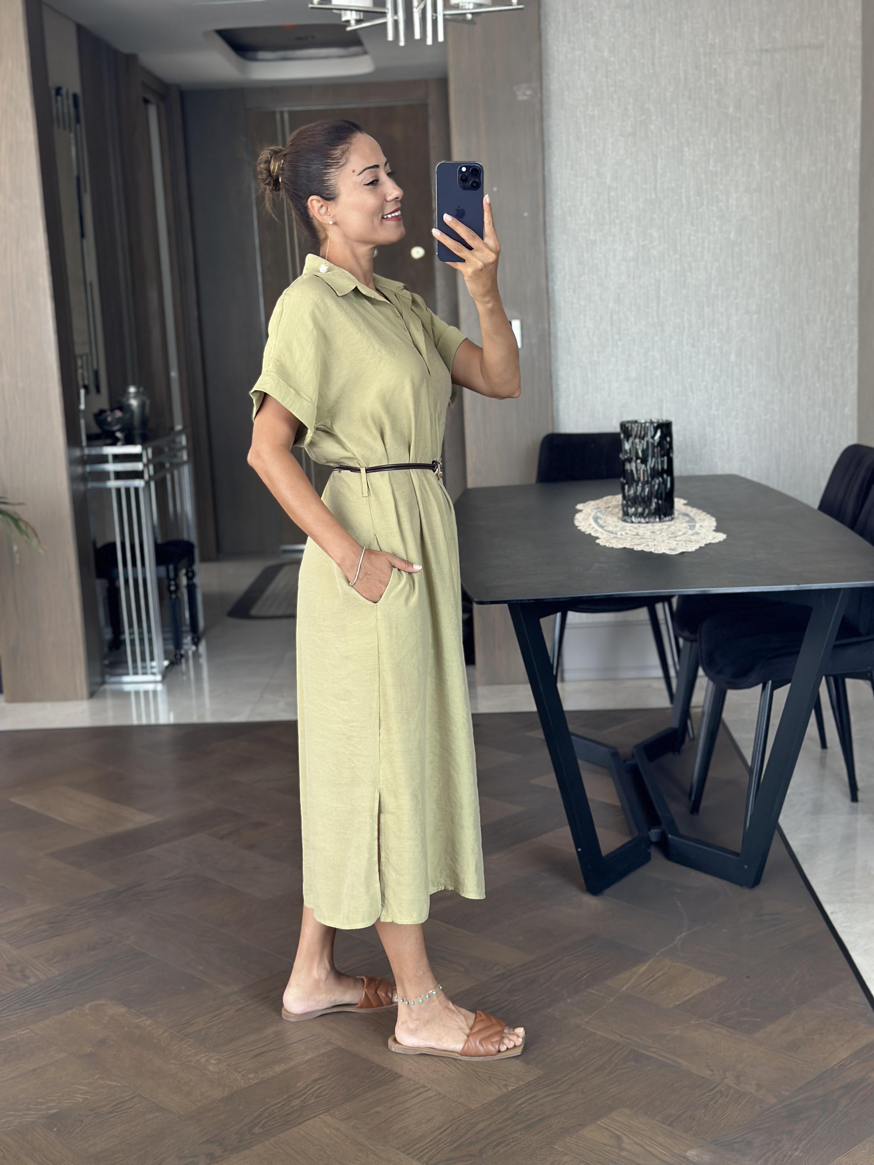 Yağ Yeşili Masimo Gömlek Yaka Çift Yırtmaçlı Midi Boy Tnsel Kadın Gömlek Elbise 