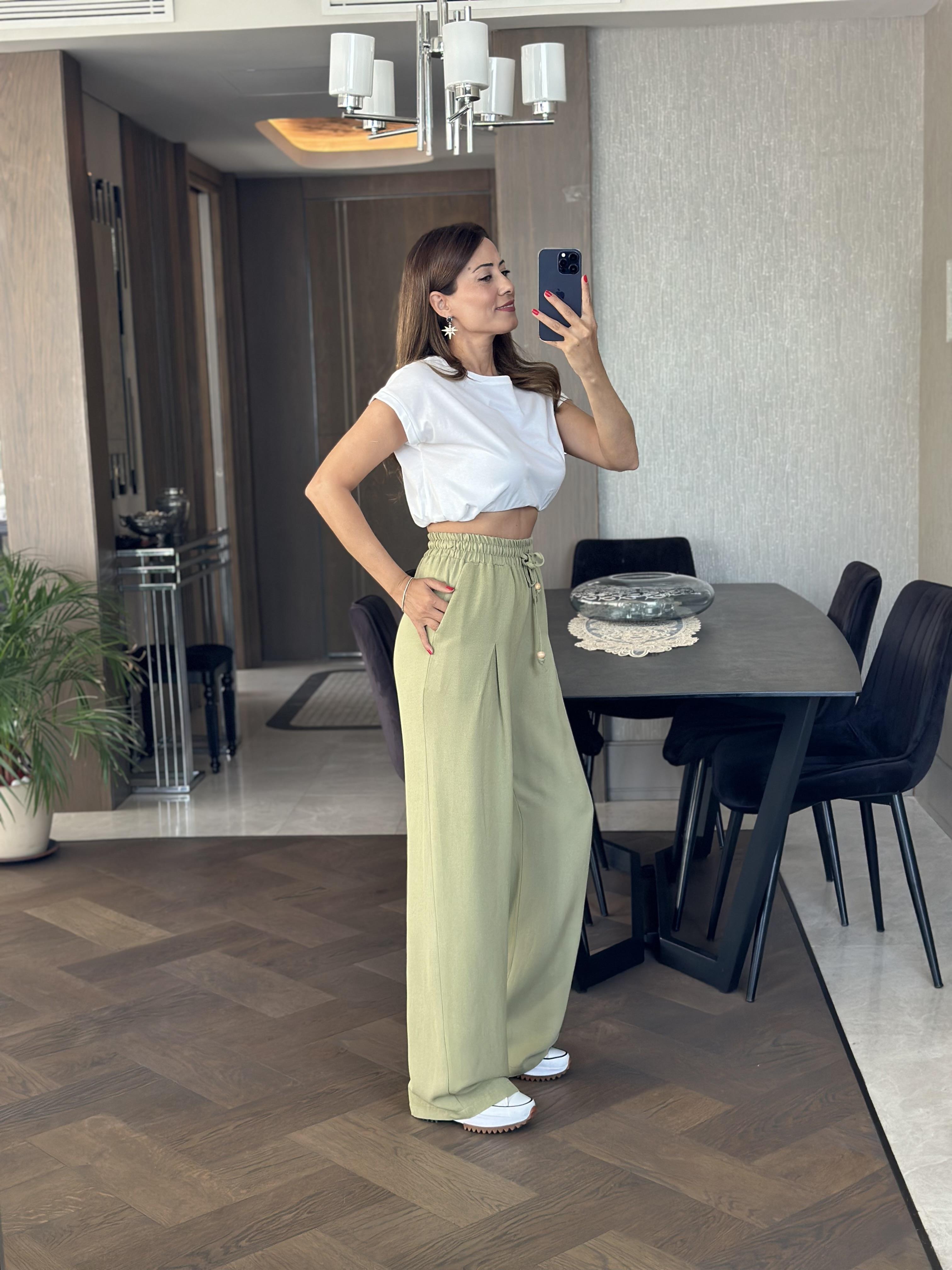 Yağ Yeşili Pensli Beli Bağcıklı Ve Lastikli Keten Kadın Bol Paça Pantolon