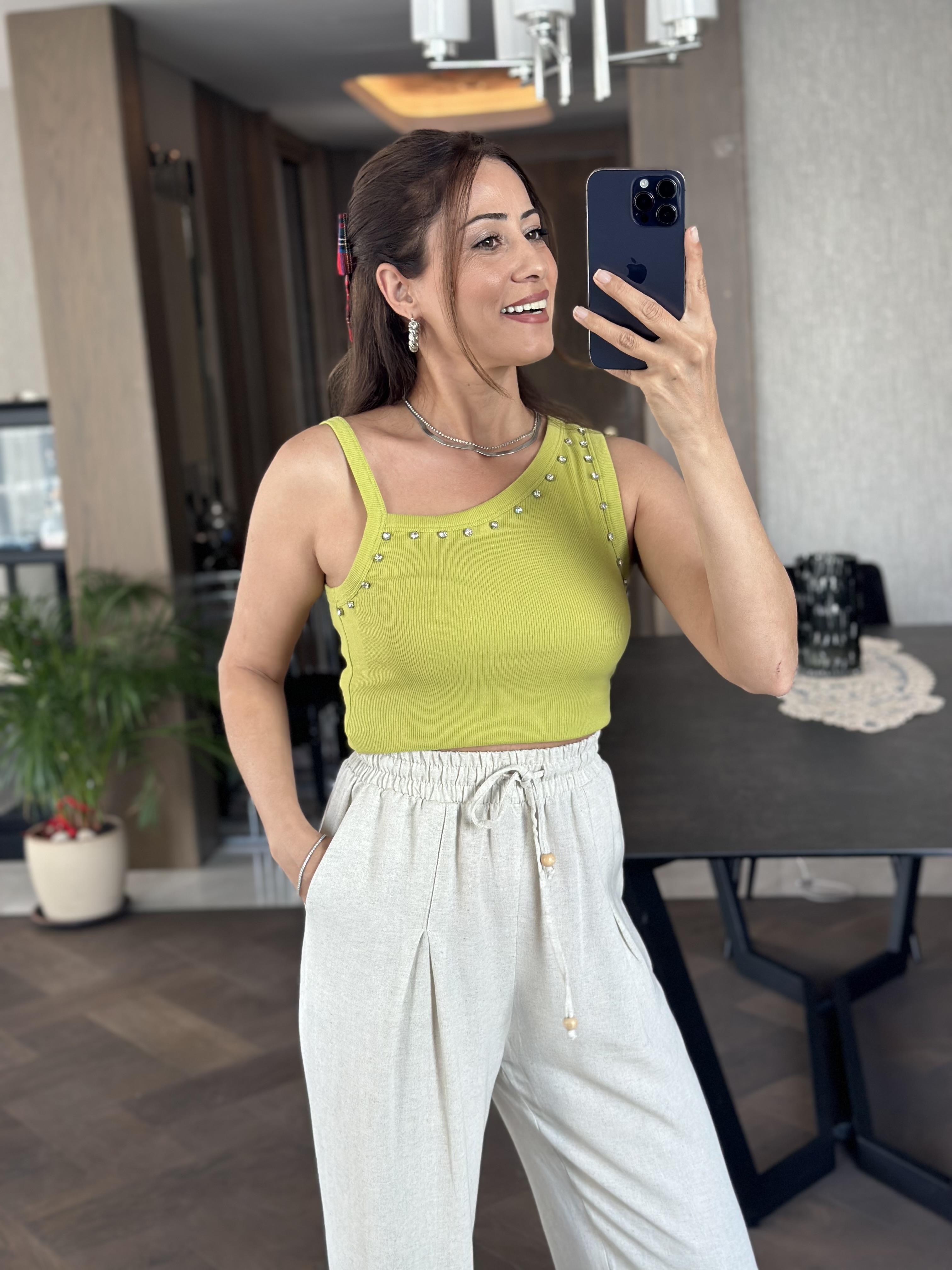 Yağ Yeşili Tek Omzu Kalın Biyeli Önü Taşlı Kadın Body