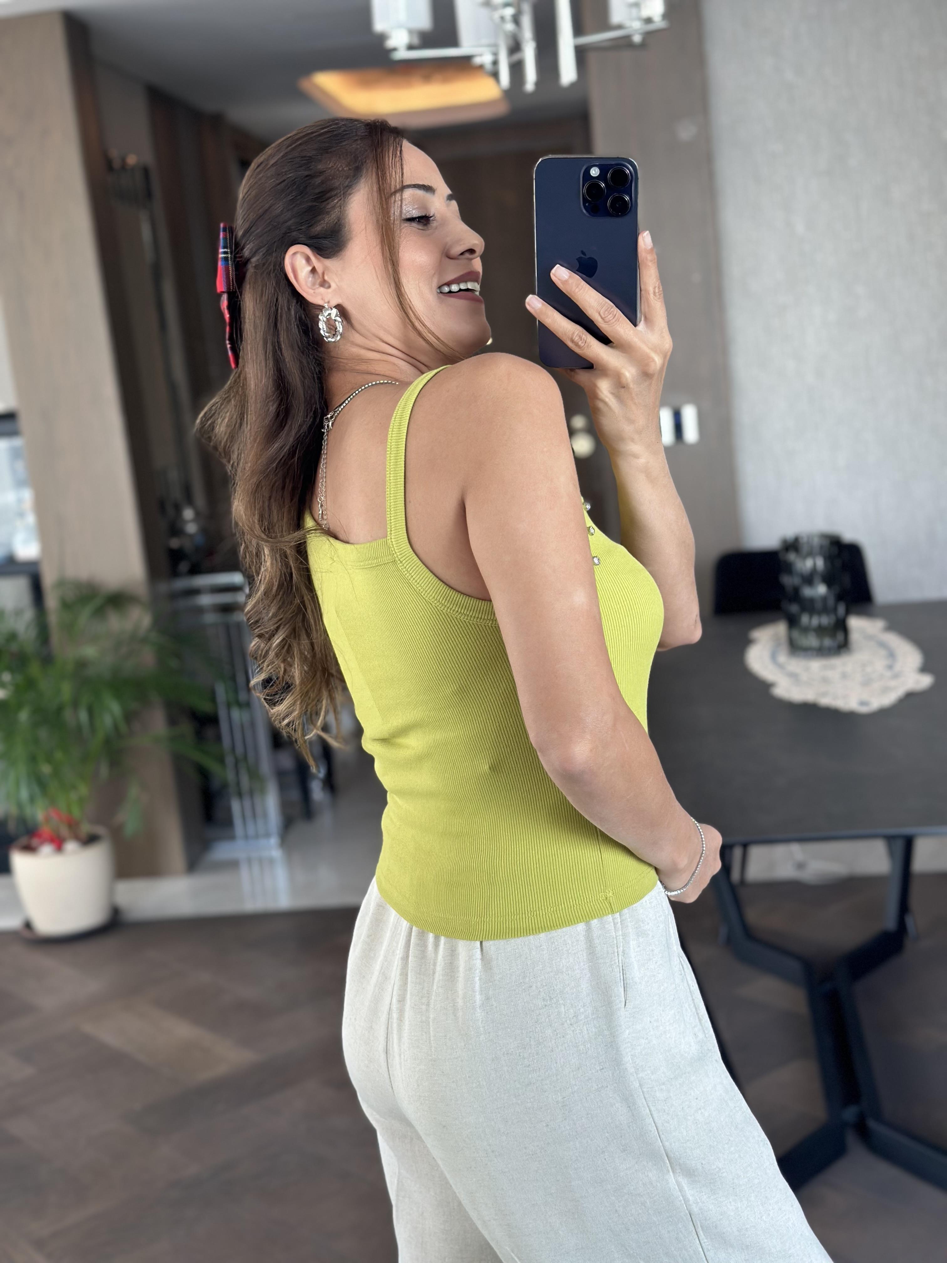 Yağ Yeşili Tek Omzu Kalın Biyeli Önü Taşlı Kadın Body