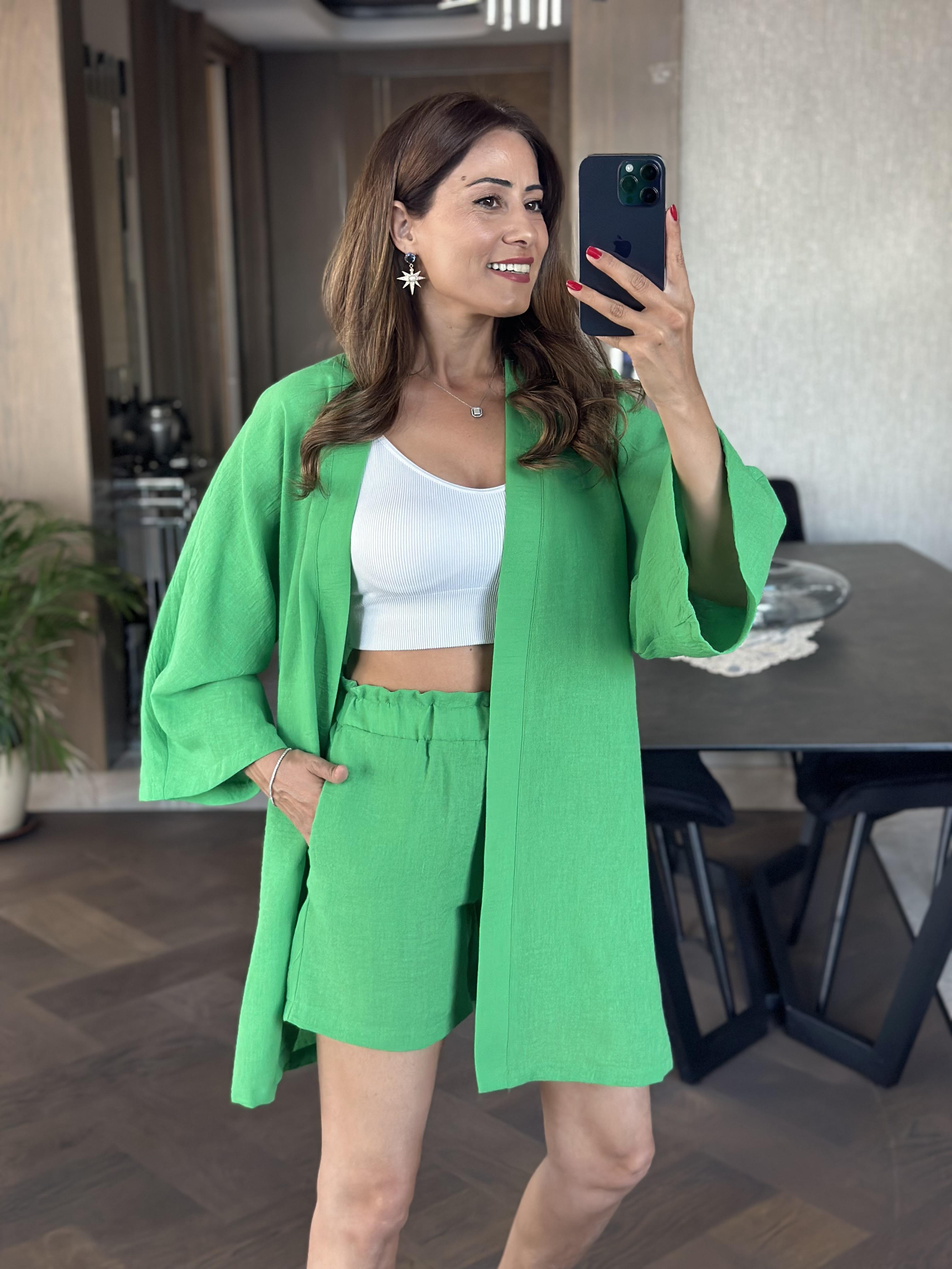 Yeşil Aerobin Şortlu Kimono Kadın Alt Üst Takım