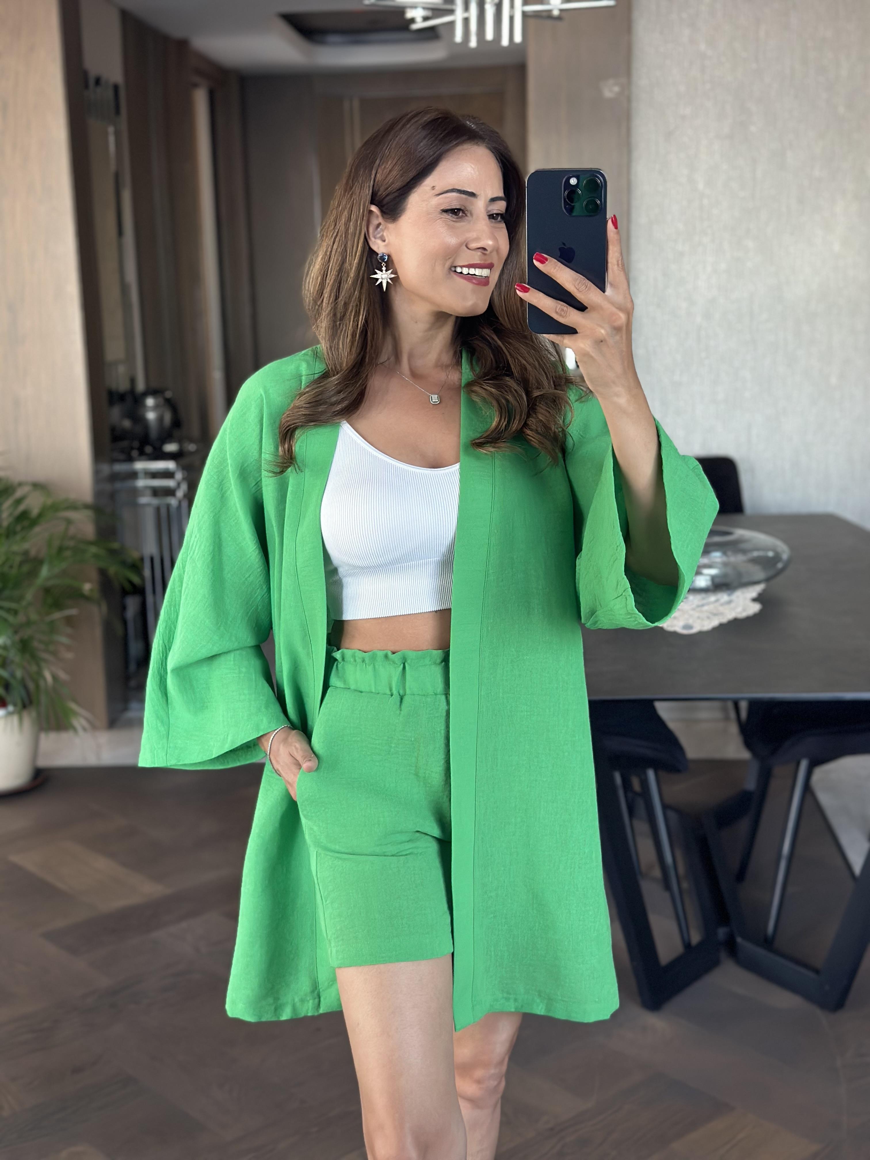 Yeşil Aerobin Şortlu Kimono Kadın Alt Üst Takım