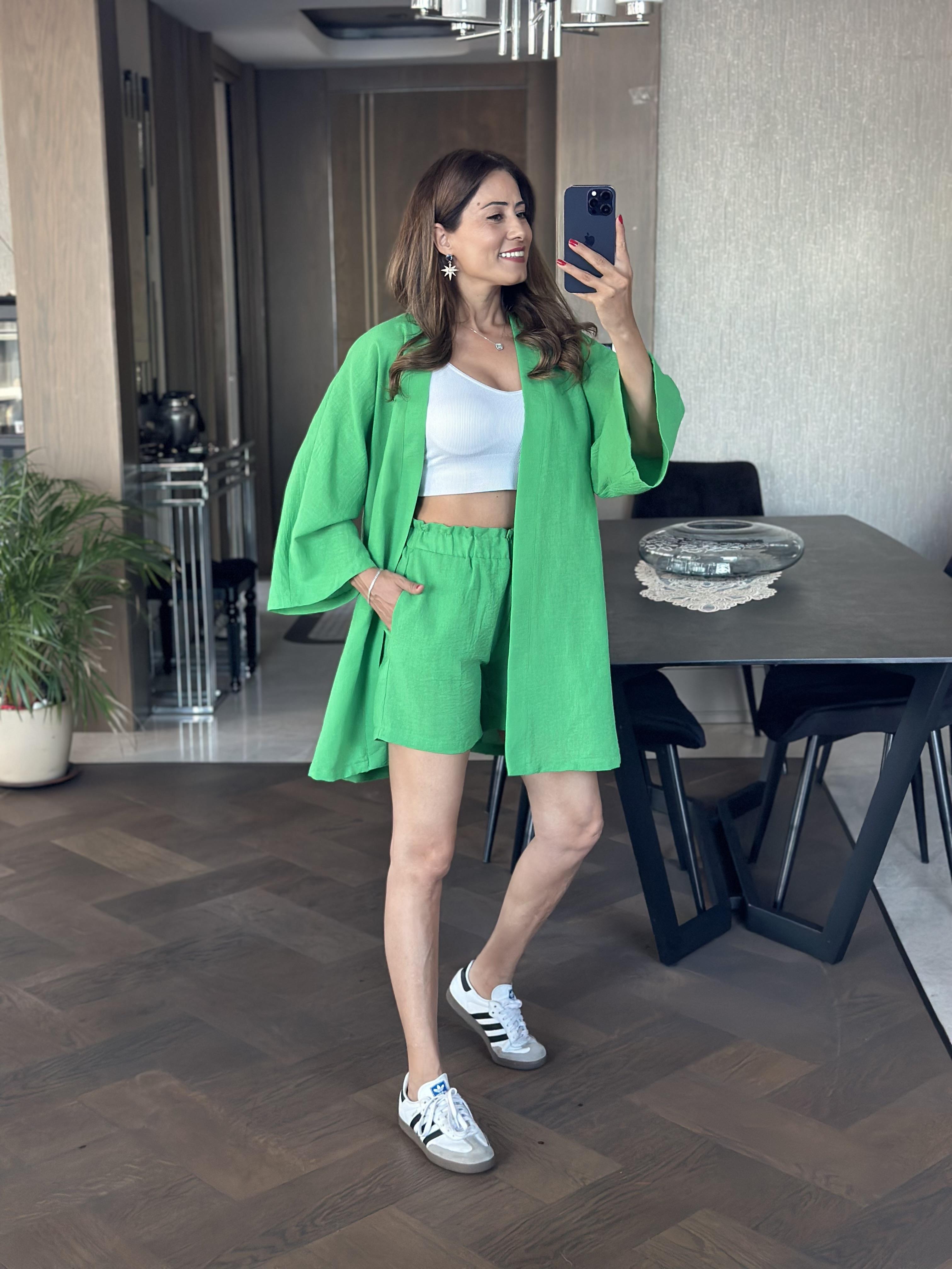 Yeşil Aerobin Şortlu Kimono Kadın Alt Üst Takım