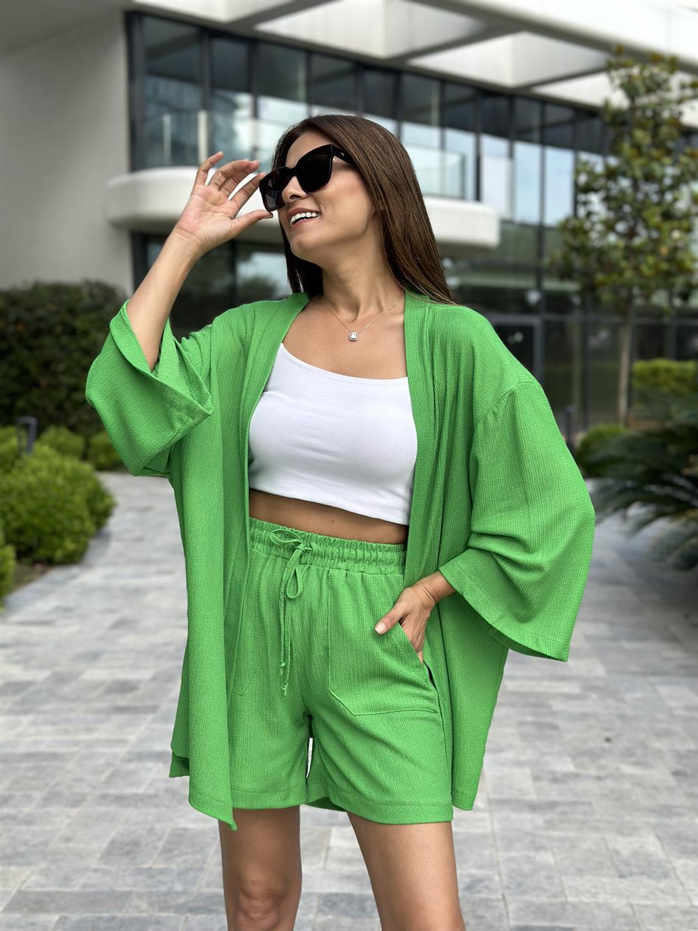 Yeşil Bürümcük Kimono Şortlu Kadın İkili Takım