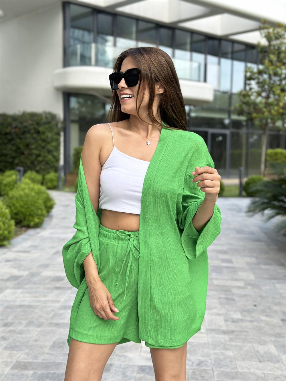 Yeşil Bürümcük Kimono Şortlu Kadın İkili Takım