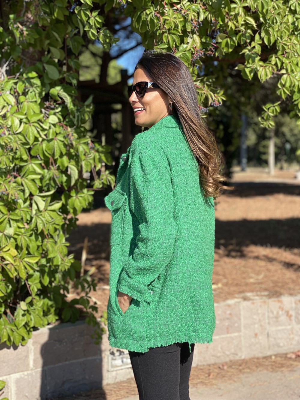 Yeşil Çift Cepli Şönil Gabardin Kadın Gömlek