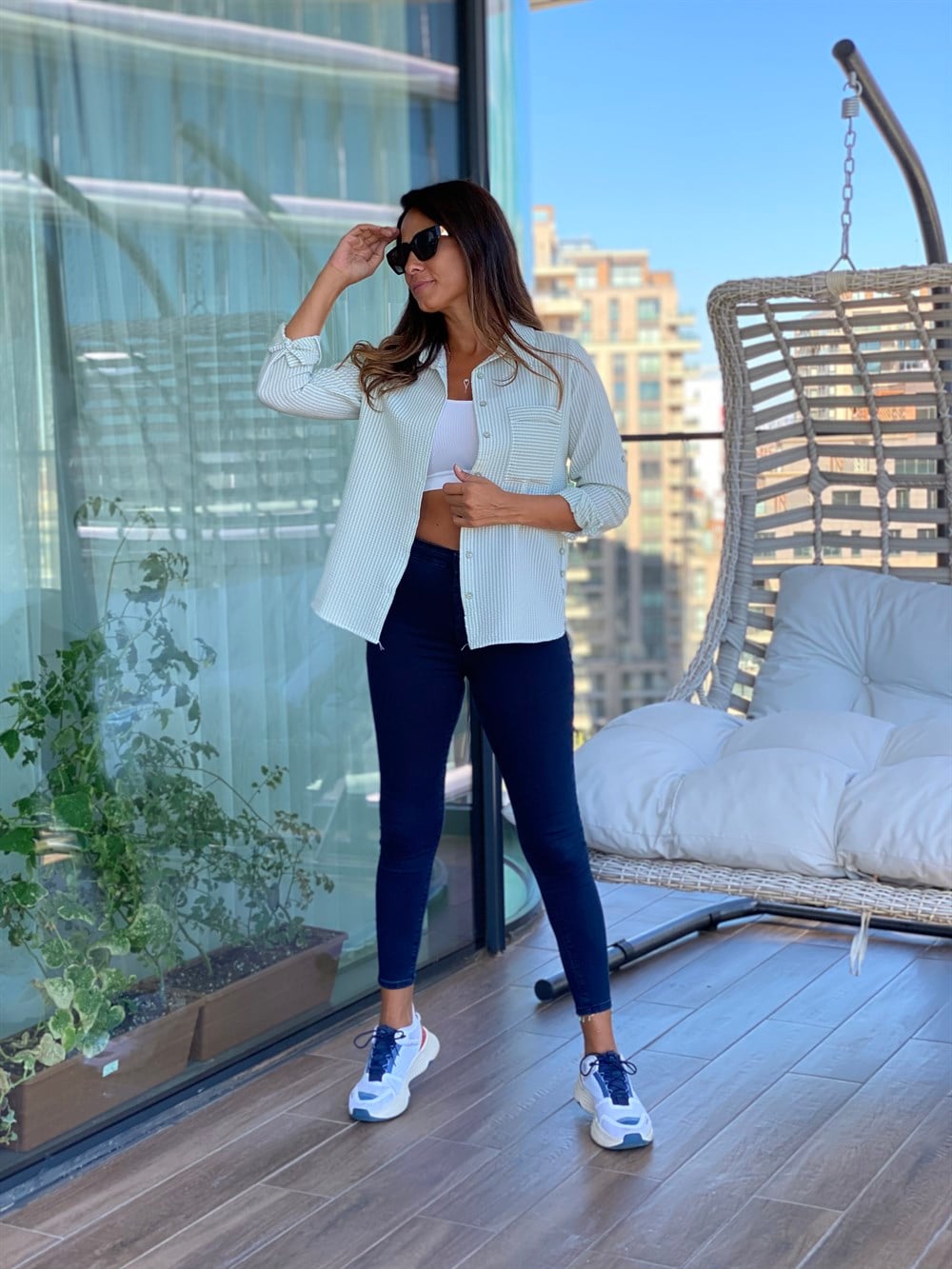 Yeşil Çizgili Gofre Kadın Gömlek