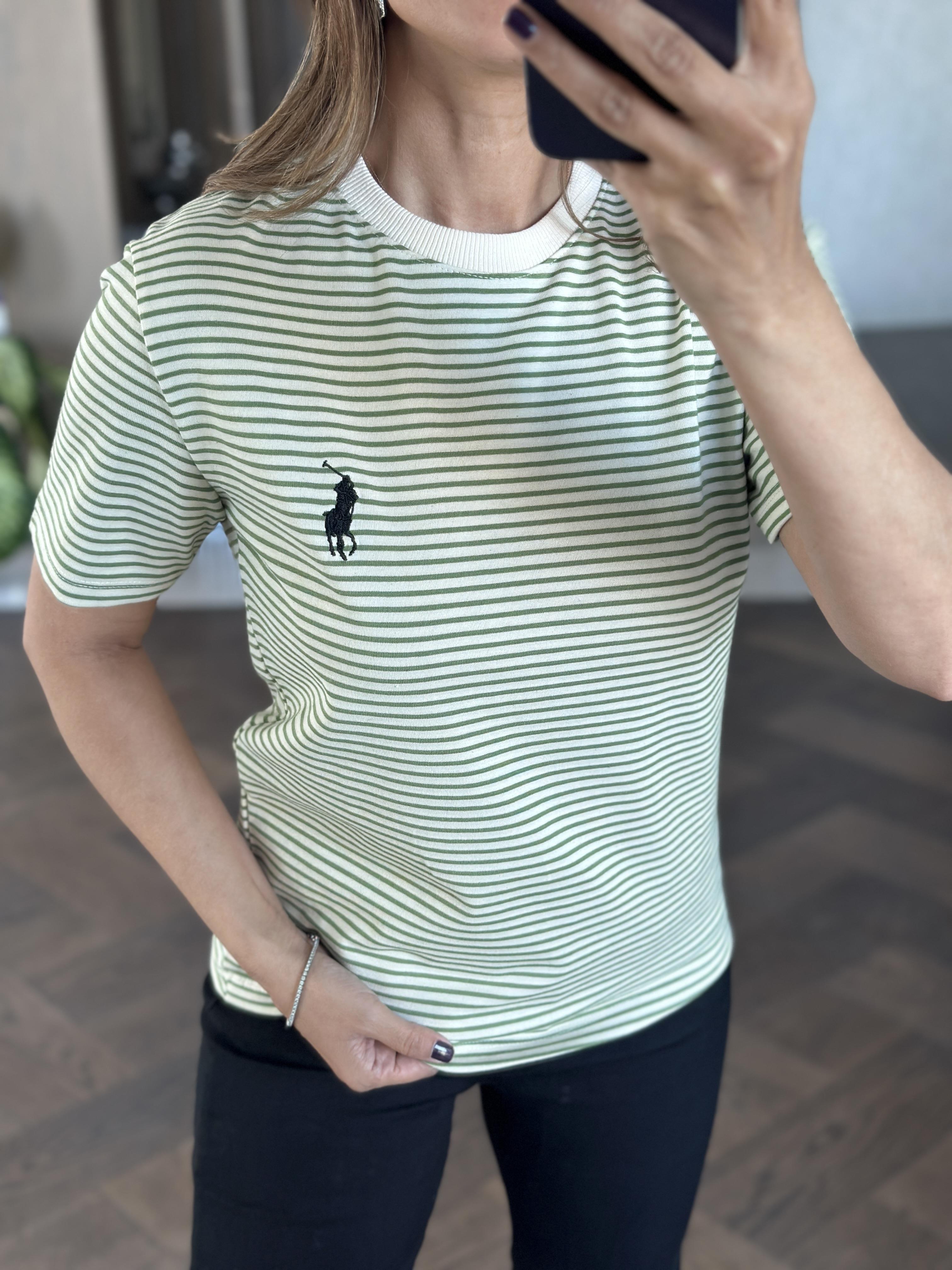 Yeşil Çizgili Nakışlı Bisiklet Yaka Kadın T-Shirt