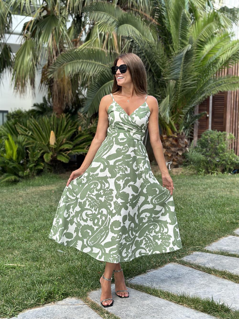 Yeşil Desenli Ayarlanabilir Askılı Cepli Keten Kadın Elbise