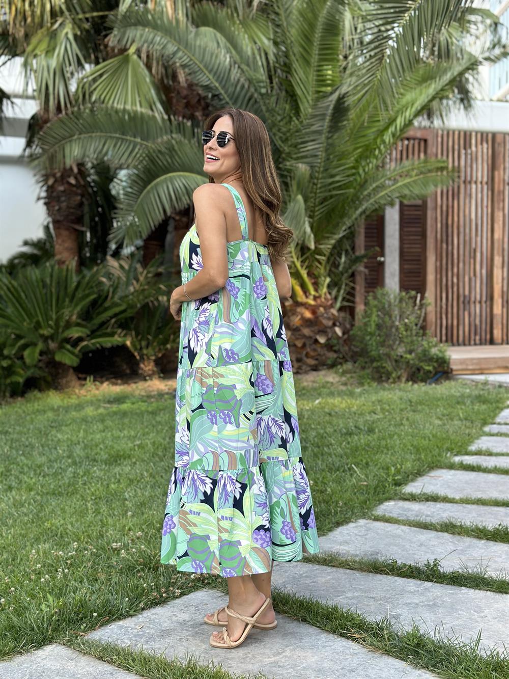 Yeşil Desenli Kalın Askılı Maksi Boy Kadın Elbise