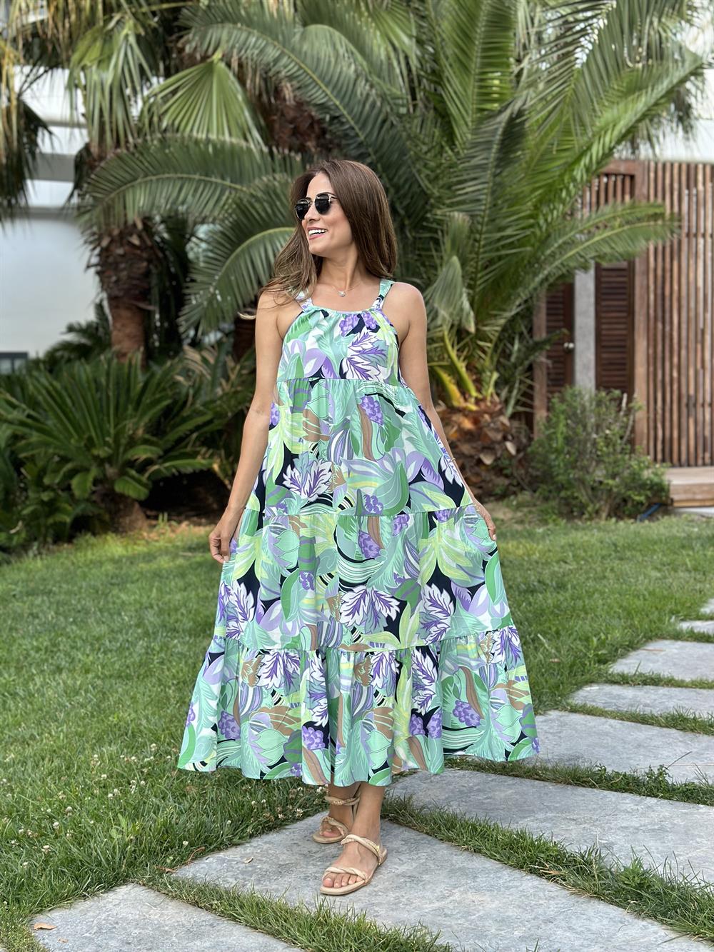 Yeşil Desenli Kalın Askılı Maksi Boy Kadın Elbise