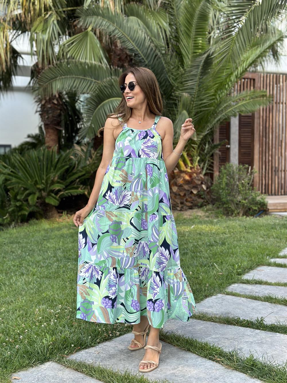 Yeşil Desenli Kalın Askılı Maksi Boy Kadın Elbise