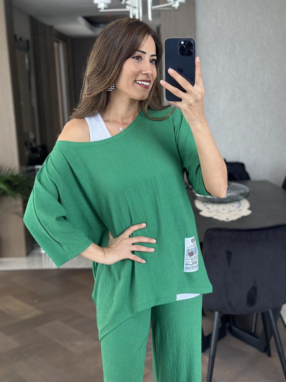 Yeşil Geniş Paça Armalı Bürümcük Üçlü Kadın Takım