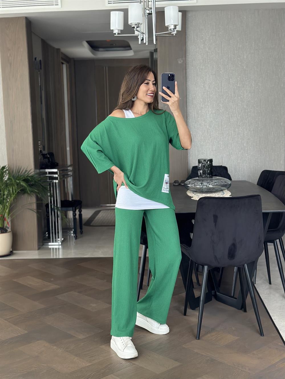Yeşil Geniş Paça Armalı Bürümcük Üçlü Kadın Takım