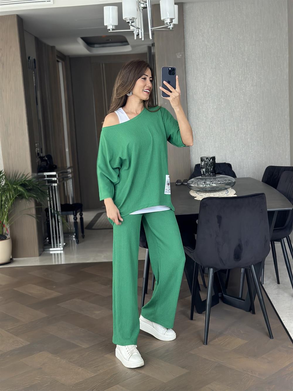 Yeşil Geniş Paça Armalı Bürümcük Üçlü Kadın Takım