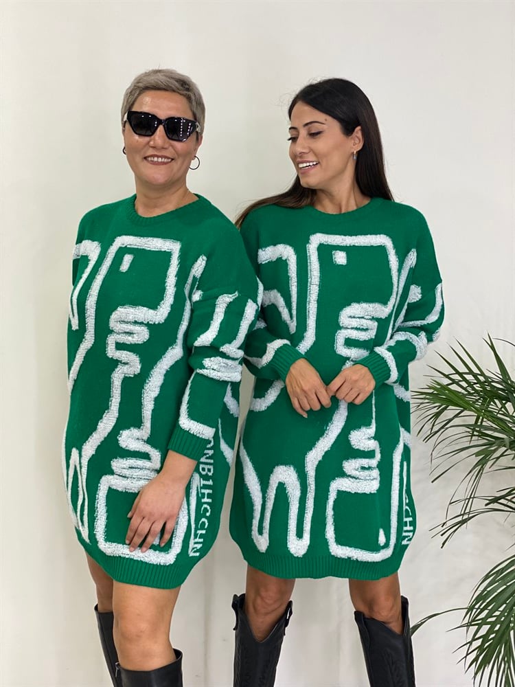 Yeşil Kabartma Dokulu Oversize Kadın Triko Kazak