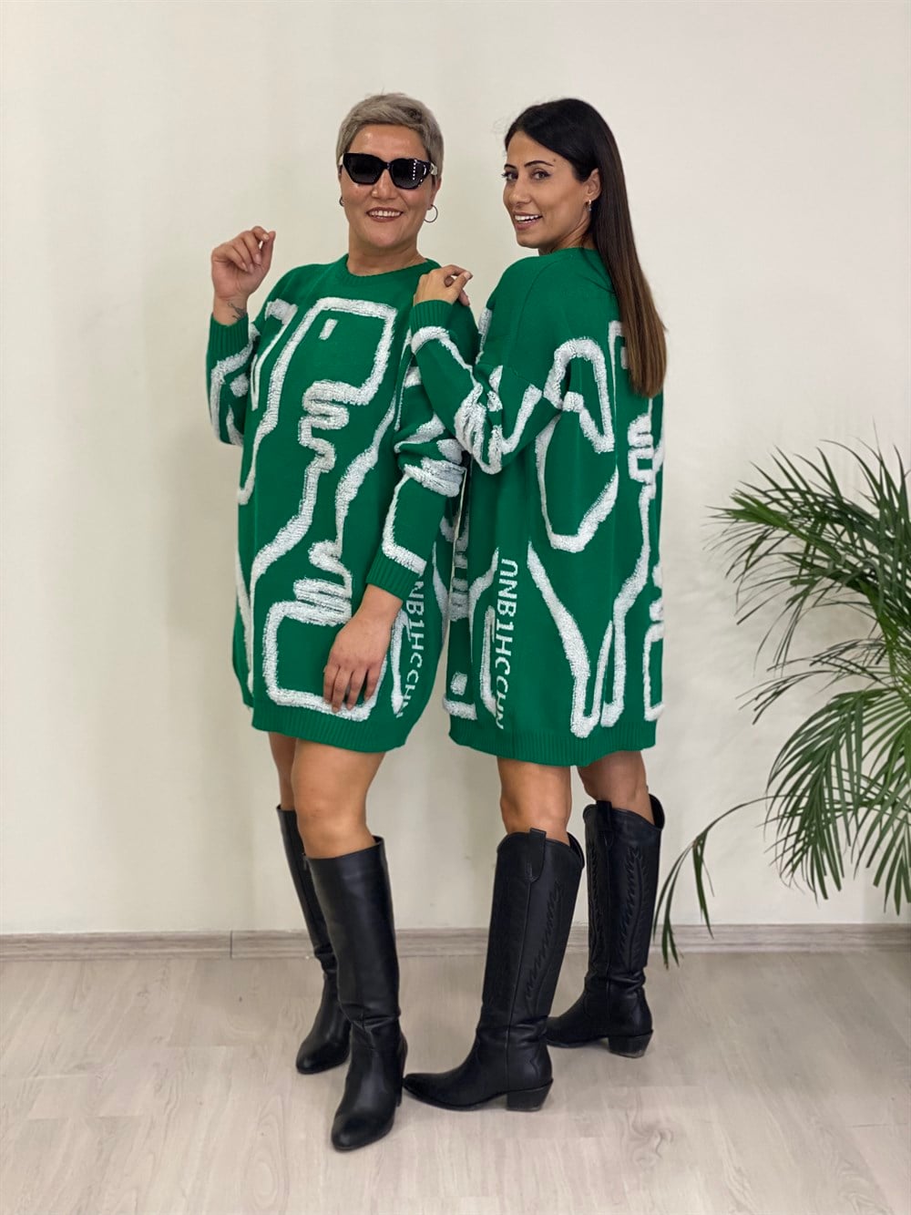 Yeşil Kabartma Dokulu Oversize Kadın Triko Kazak