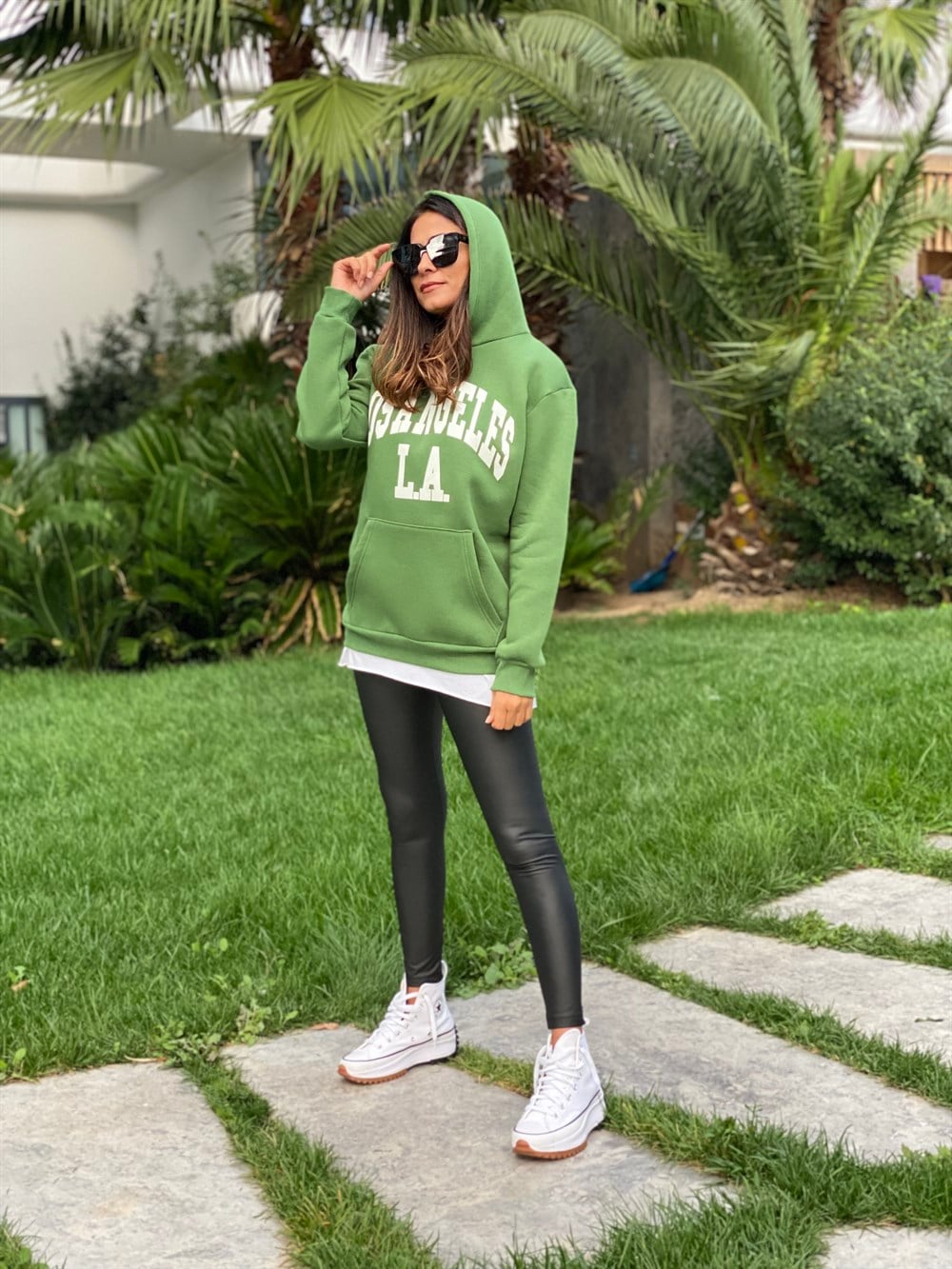 Yeşil Kapüşonlu Los Angeles Baskılı Kadın Sweatshirt