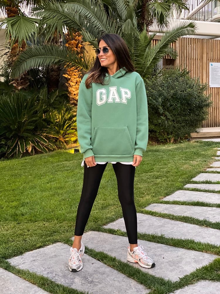 Yeşil Kapüşonlu Marka Baskılı Kadın Sweatshirt