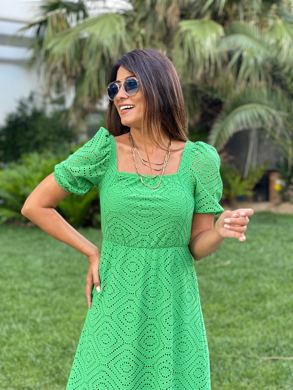 Yeşil Kare Yaka Kısa Kol Örme Brode Kadın Elbise