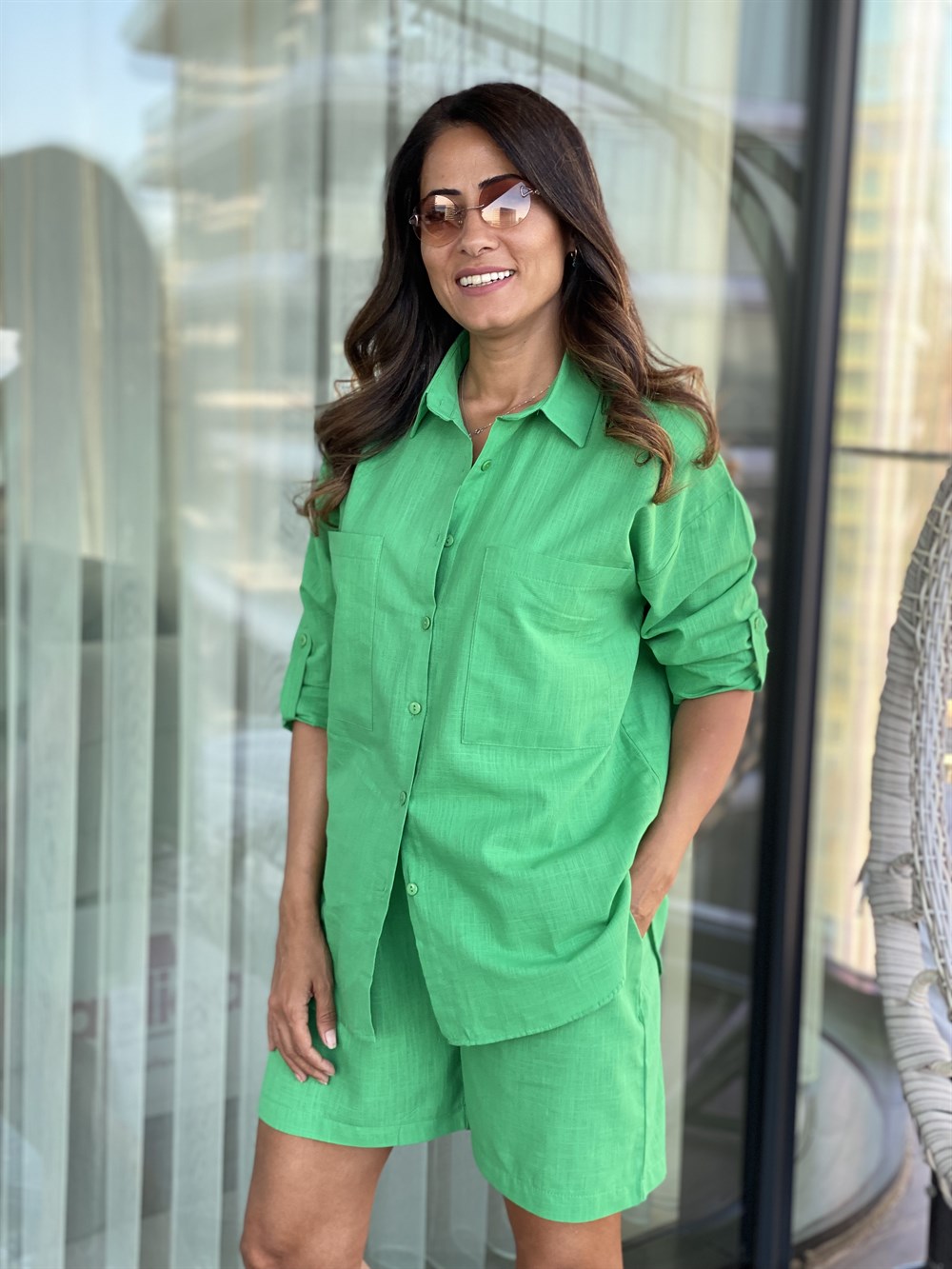 Yeşil Keten Gömlek Şort İkili Kadın Takım