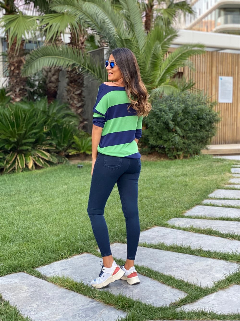 Yeşil Lacivert Kalın Çizgili Merserize Kadın Bluz