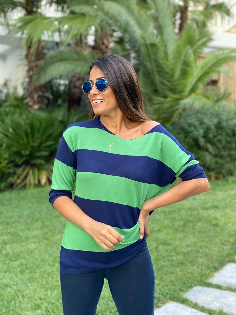 Yeşil Lacivert Kalın Çizgili Merserize Kadın Bluz