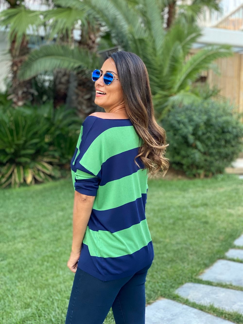 Yeşil Lacivert Kalın Çizgili Merserize Kadın Bluz