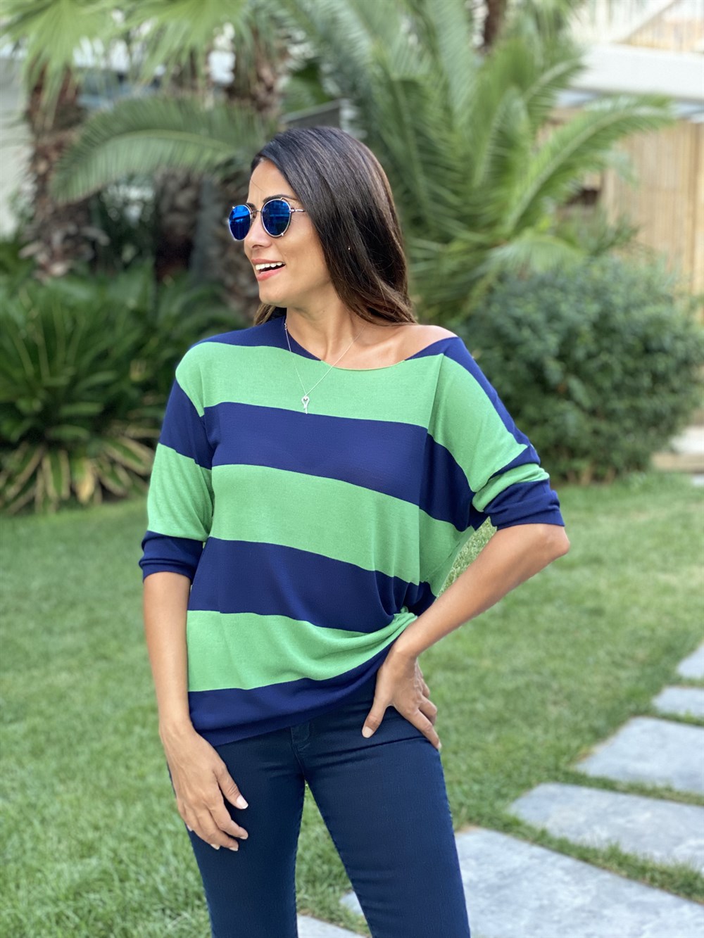 Yeşil Lacivert Kalın Çizgili Merserize Kadın Bluz