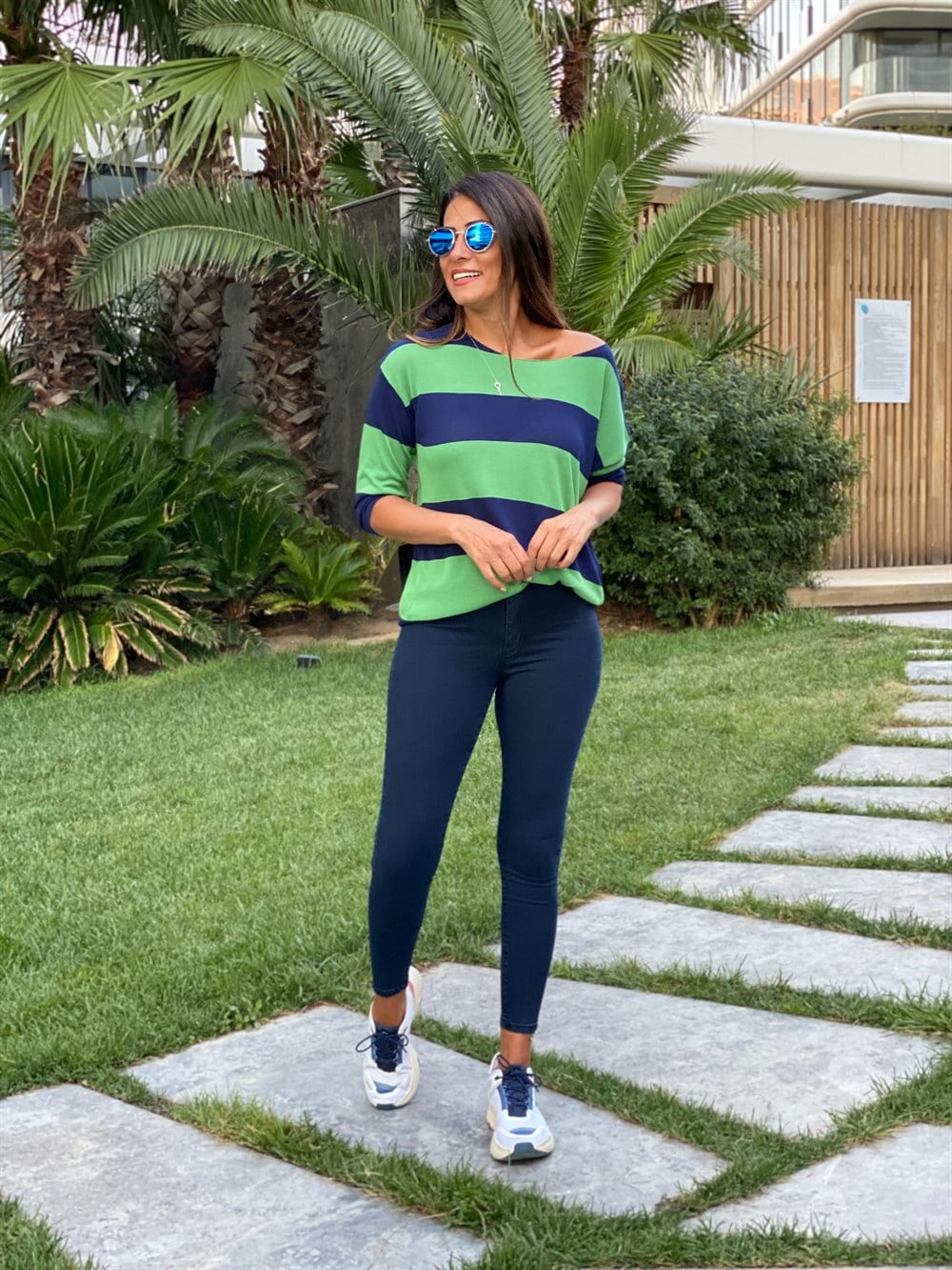 Yeşil Lacivert Kalın Çizgili Merserize Kadın Bluz