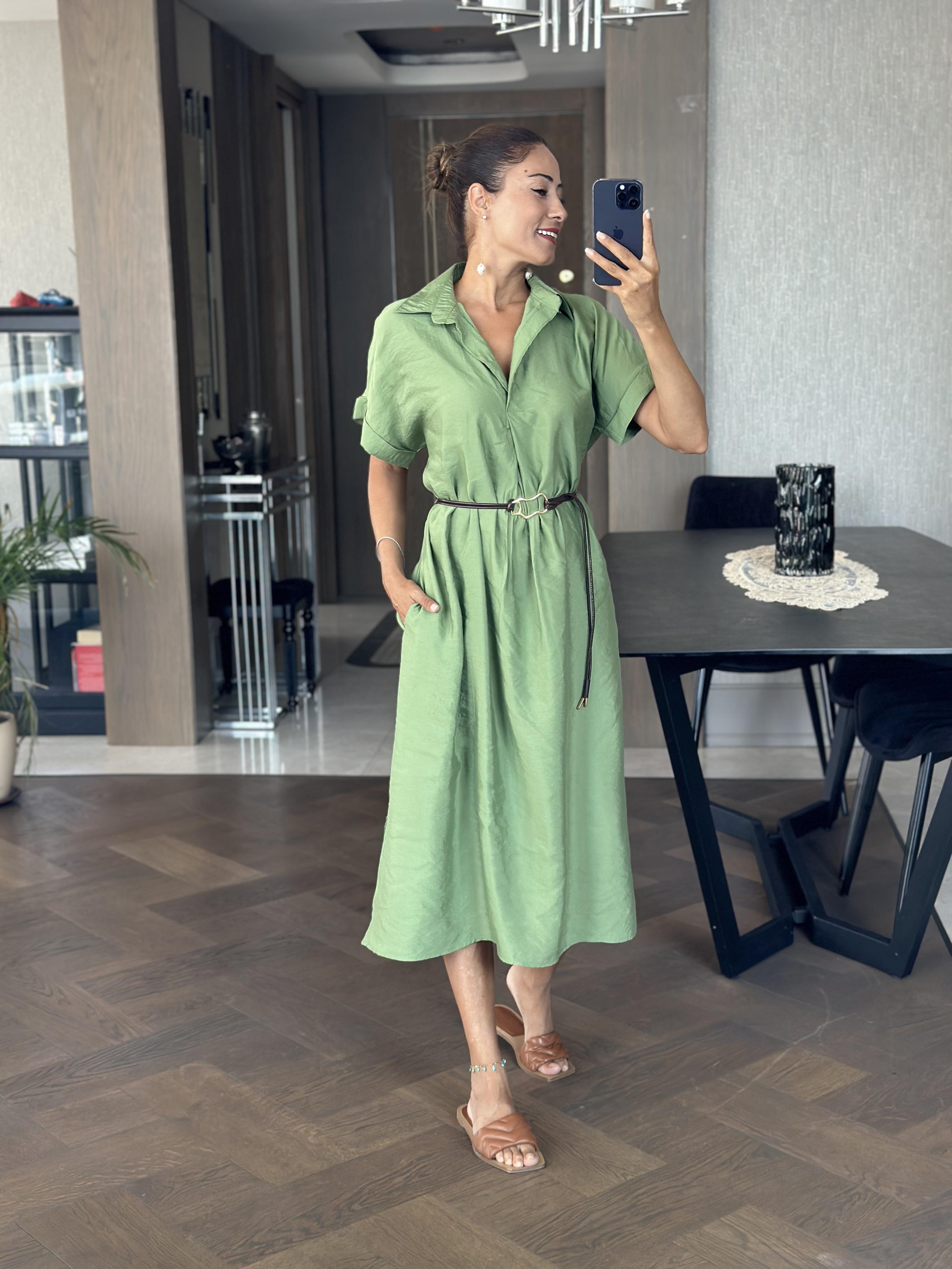 Yeşil Masimo Gömlek Yaka Çift Yırtmaçlı Midi Boy Tnsel Kadın Gömlek Elbise 