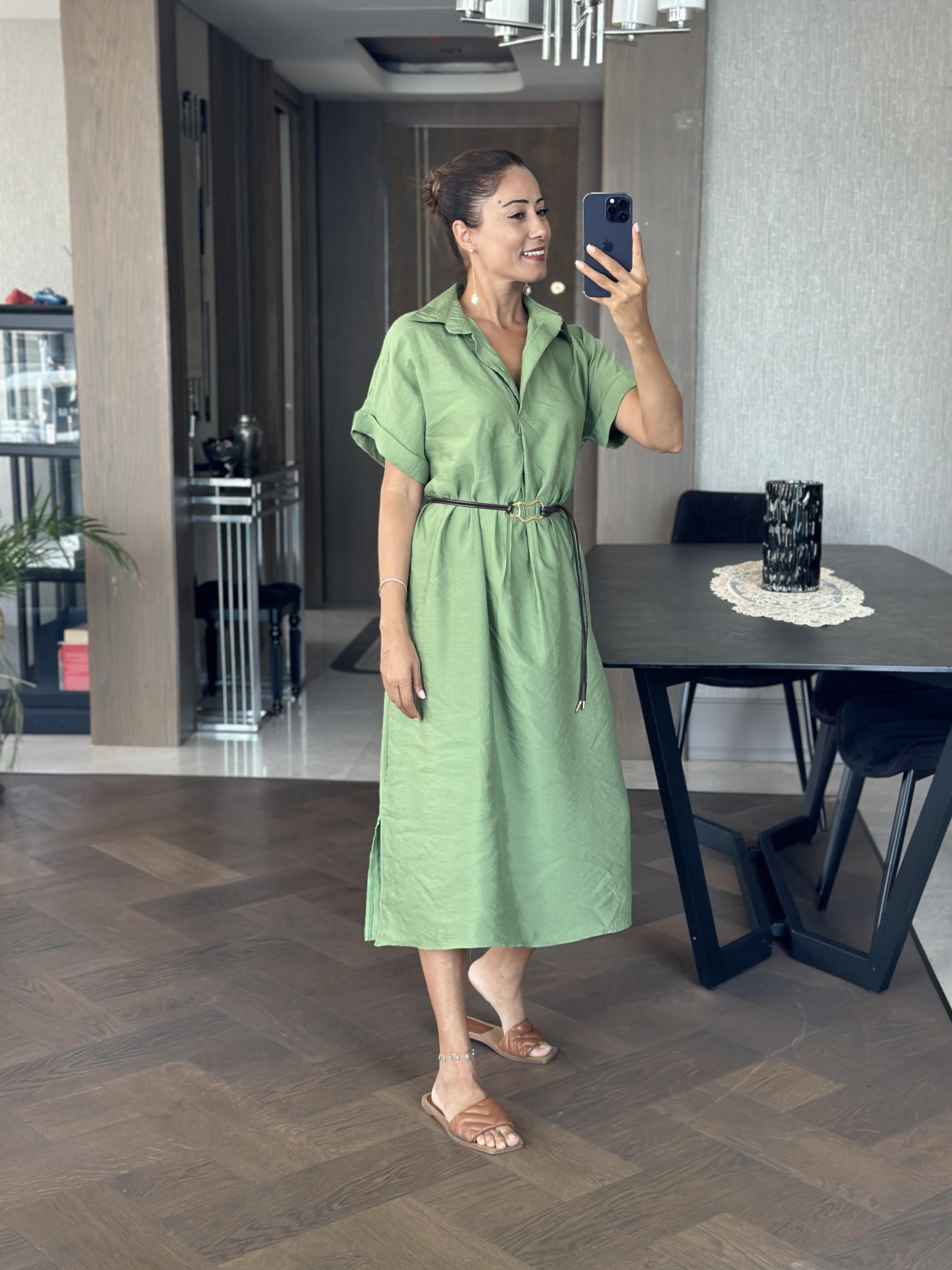 Yeşil Masimo Gömlek Yaka Çift Yırtmaçlı Midi Boy Tnsel Kadın Gömlek Elbise 