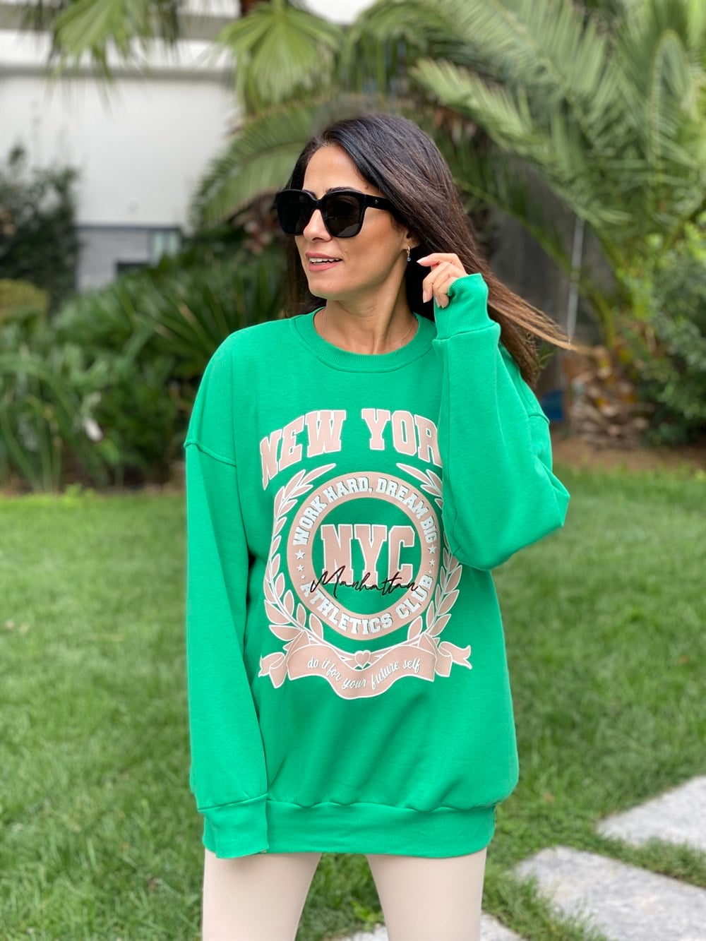 Yeşil New York Bisiklet Yaka İki İplik Kadın Sweatshirt