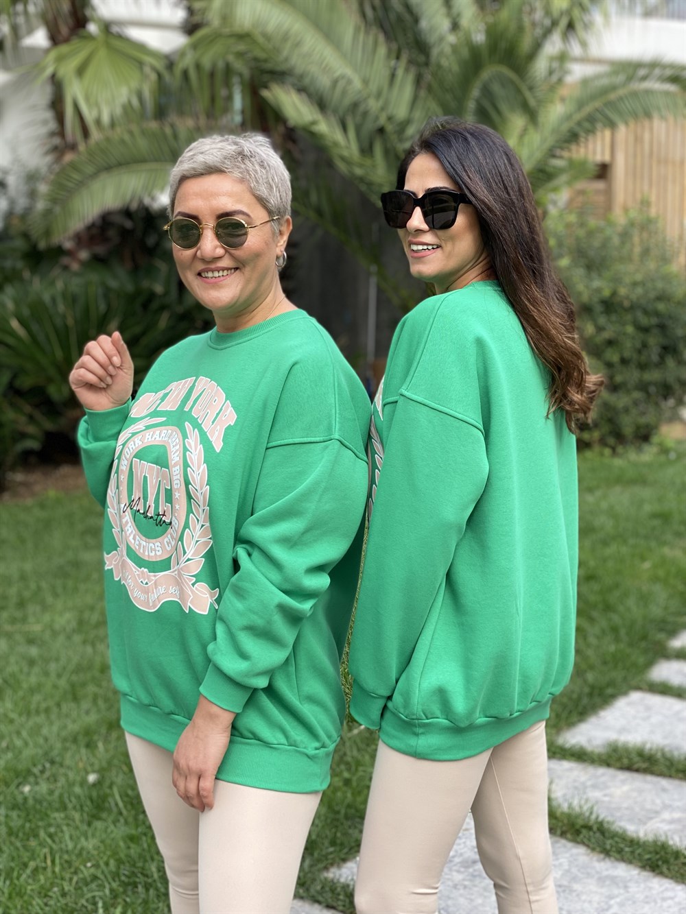 Yeşil New York Bisiklet Yaka İki İplik Kadın Sweatshirt
