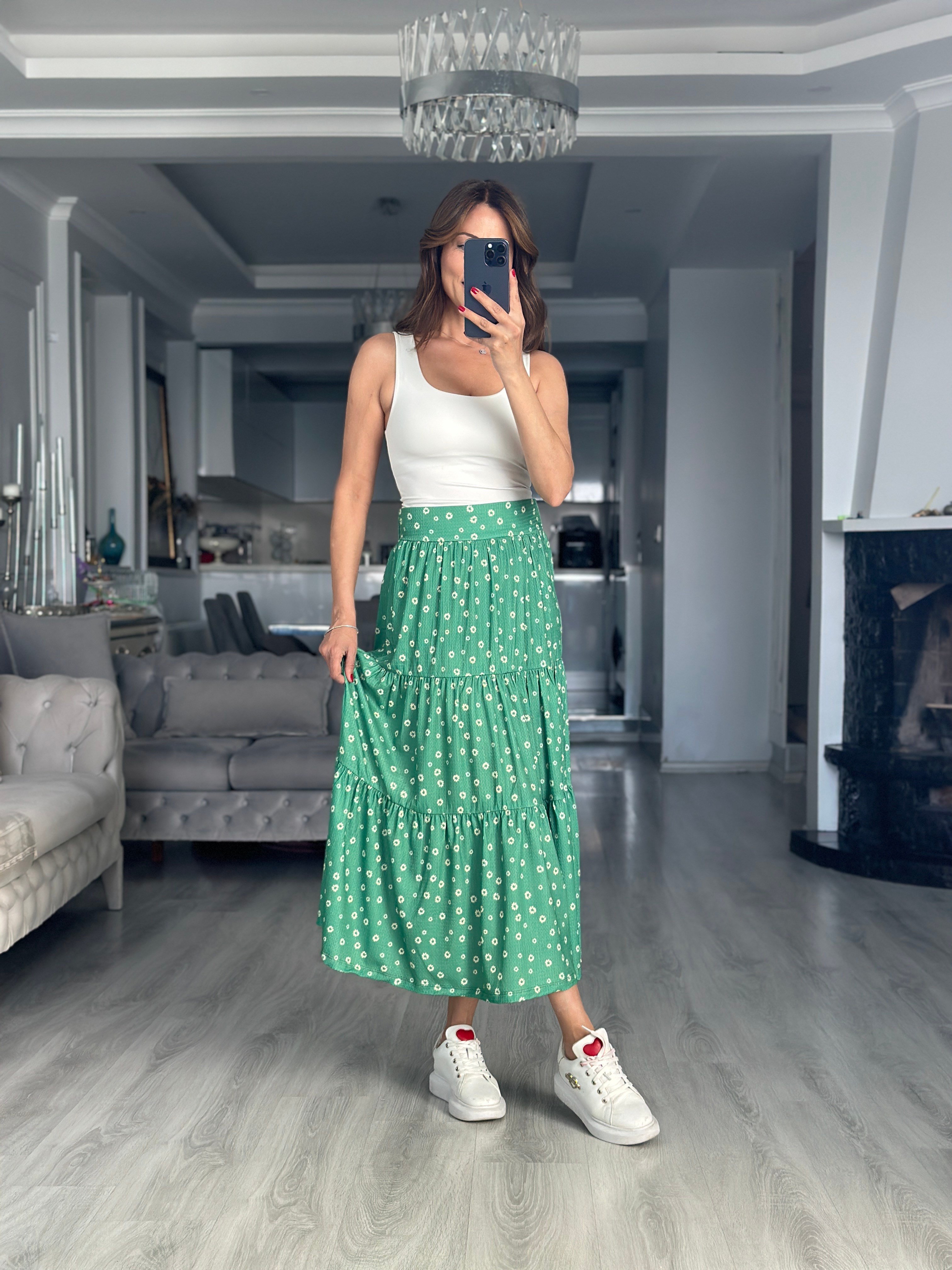 Yeşil Papatya Desenli Midi Boy Kadın Etek